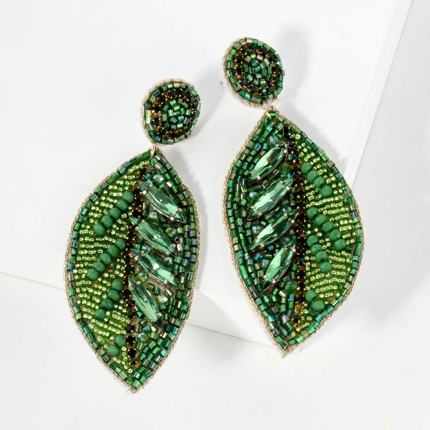 Glass Beaded Leaf Drop Statement Earrings