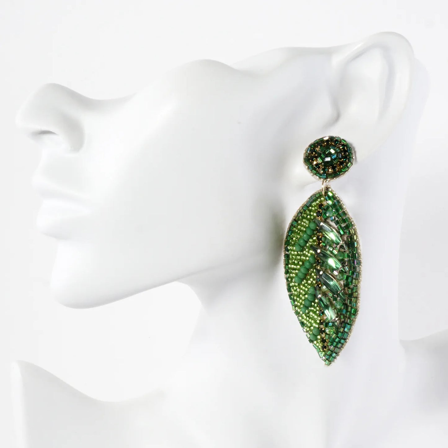Glass Beaded Leaf Drop Statement Earrings