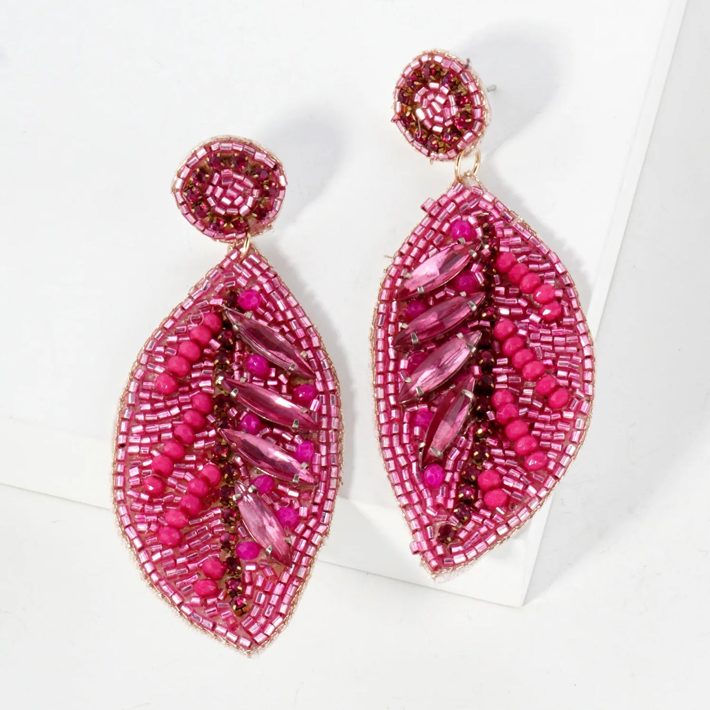 Glass Beaded Leaf Drop Statement Earrings