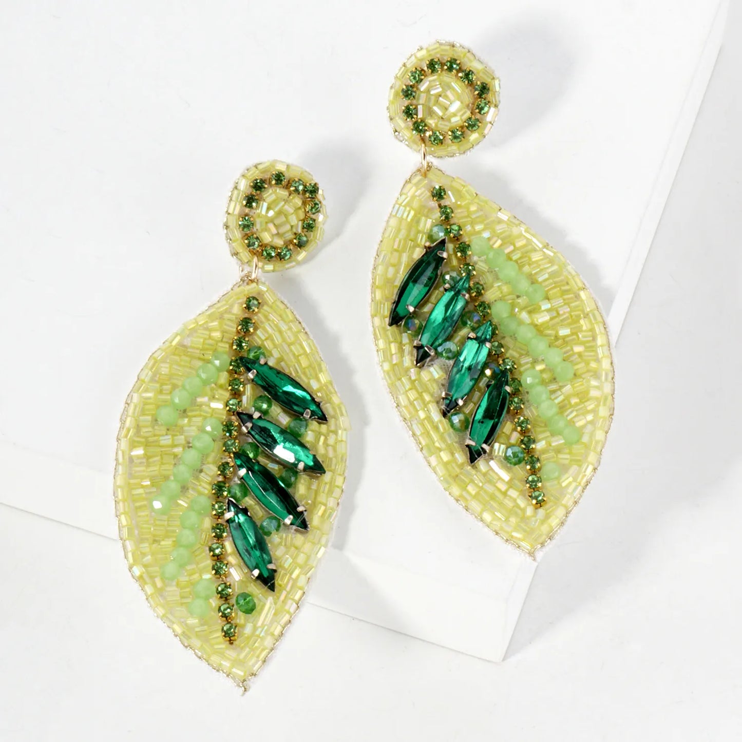 Glass Beaded Leaf Drop Statement Earrings
