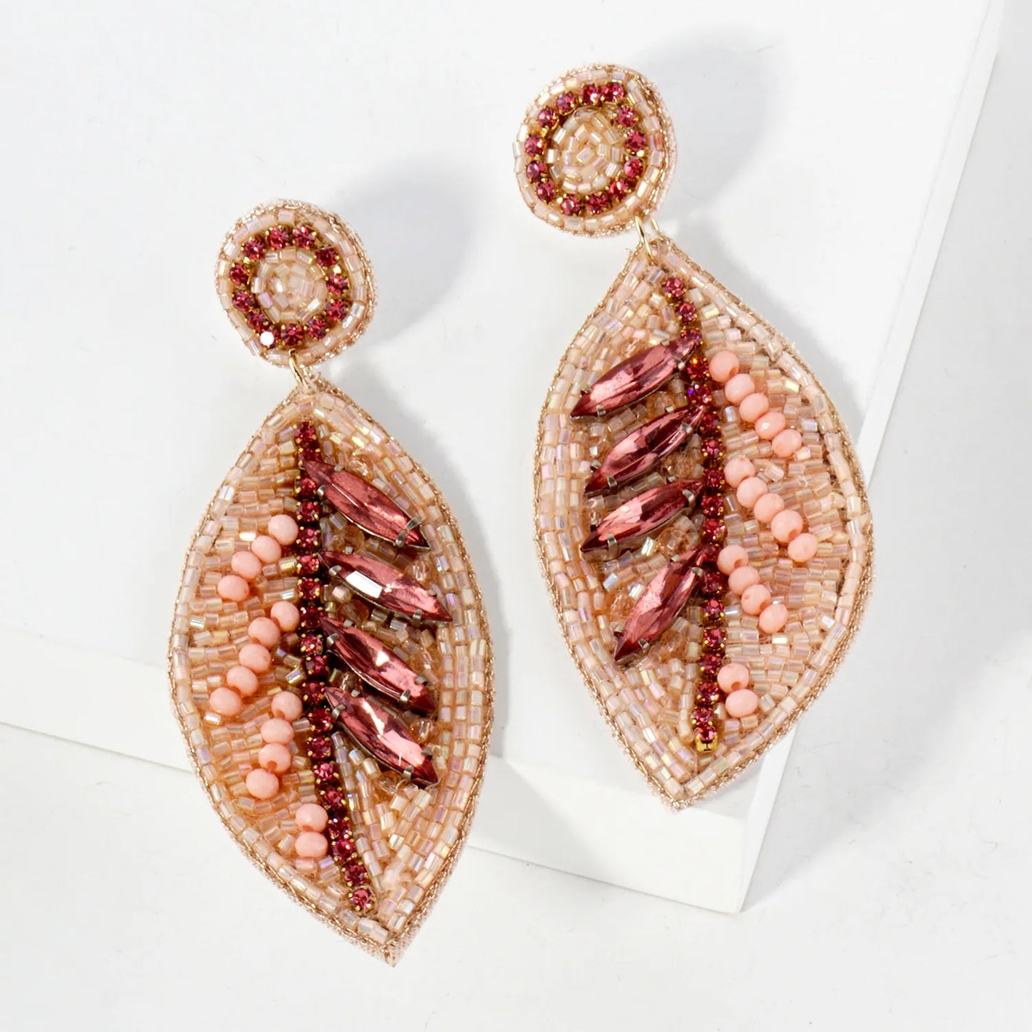 Glass Beaded Leaf Drop Statement Earrings