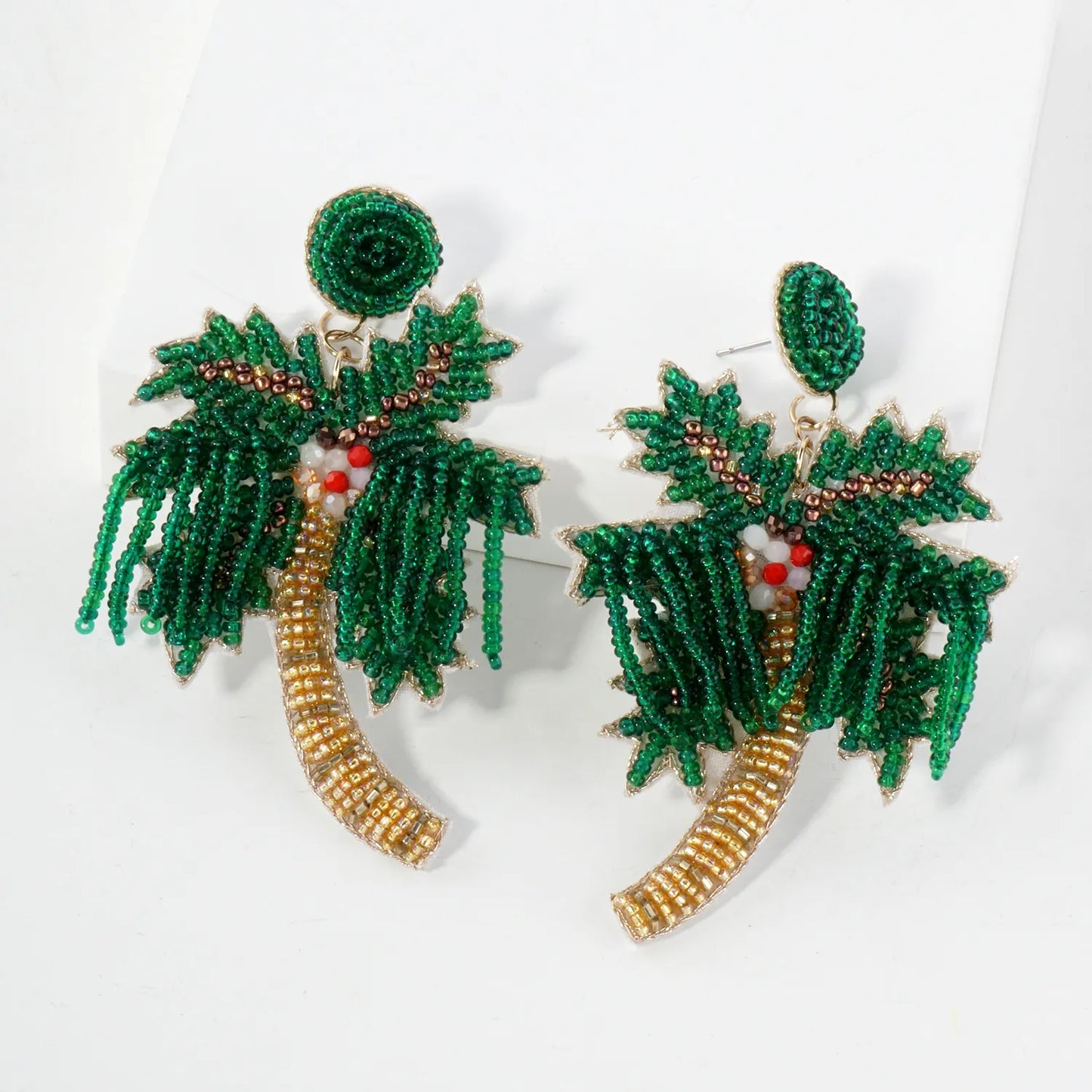Glass Beaded Palm-Tree Drop Tropical Statement Earrings