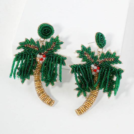 Glass Beaded Palm-Tree Drop Tropical Statement Earrings