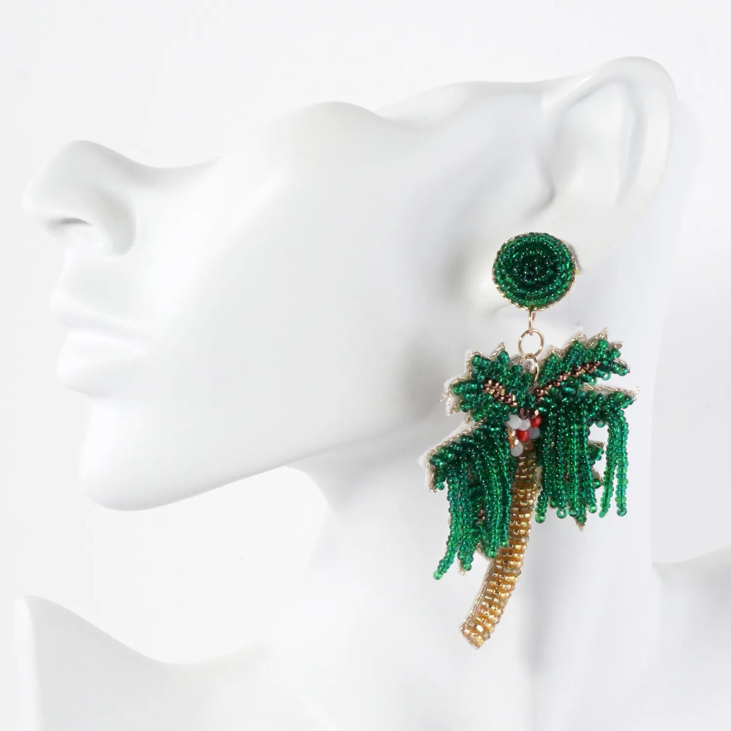 Glass Beaded Palm-Tree Drop Tropical Statement Earrings