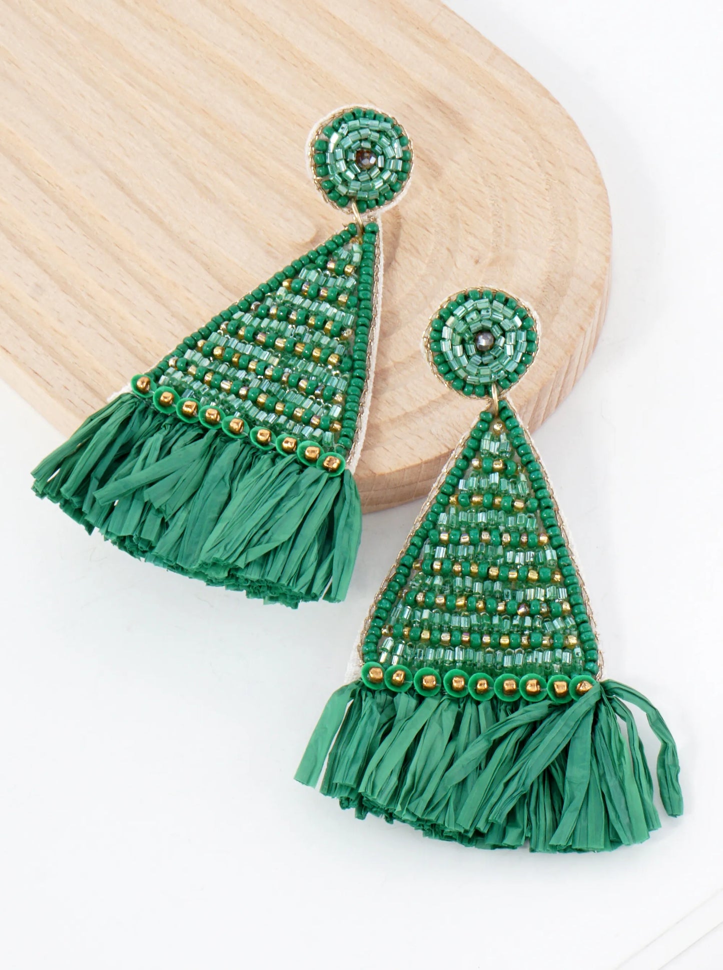 Glass-Beaded Raffia Tassel Triangle Statement Earrings