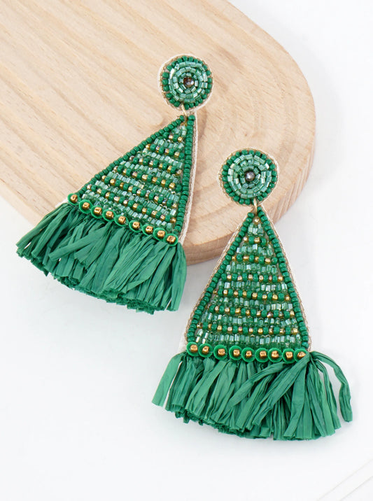 Glass-Beaded Raffia Tassel Triangle Statement Earrings