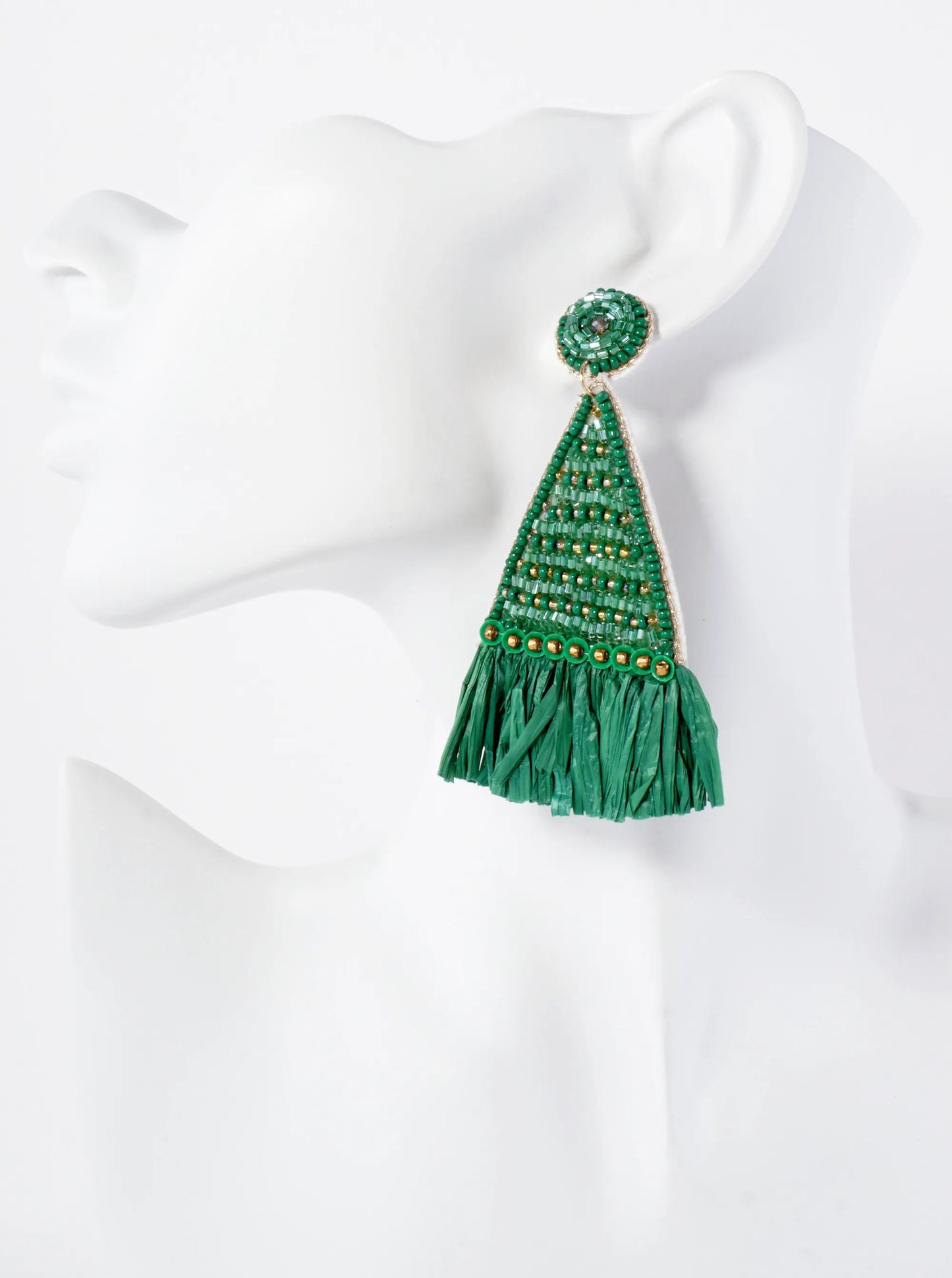 Glass-Beaded Raffia Tassel Triangle Statement Earrings