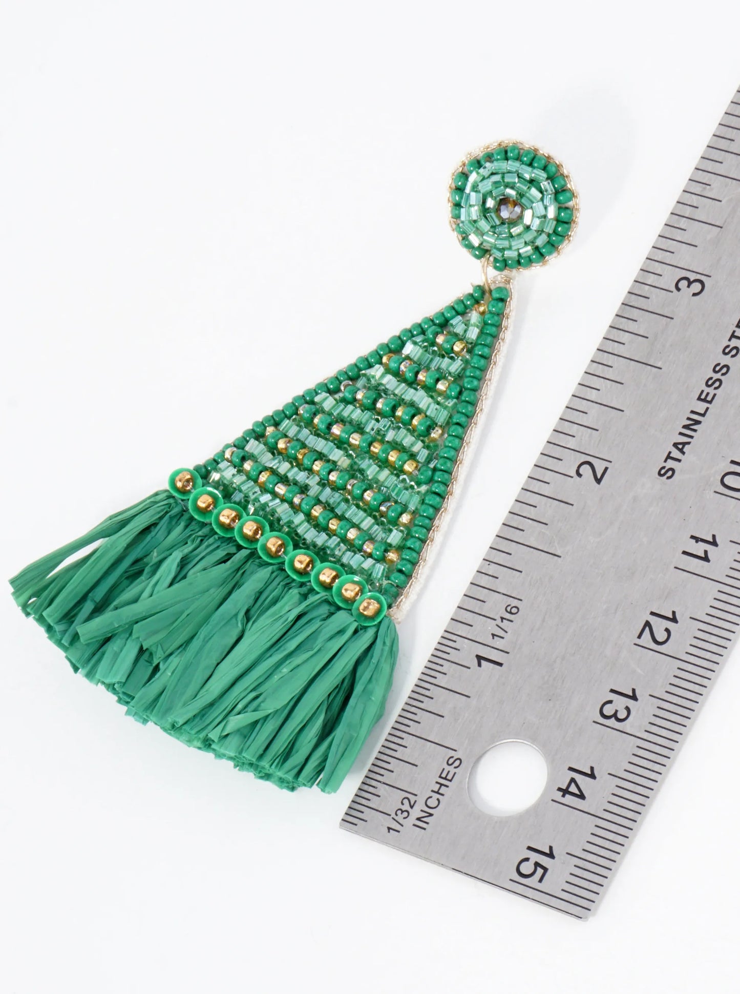 Glass-Beaded Raffia Tassel Triangle Statement Earrings