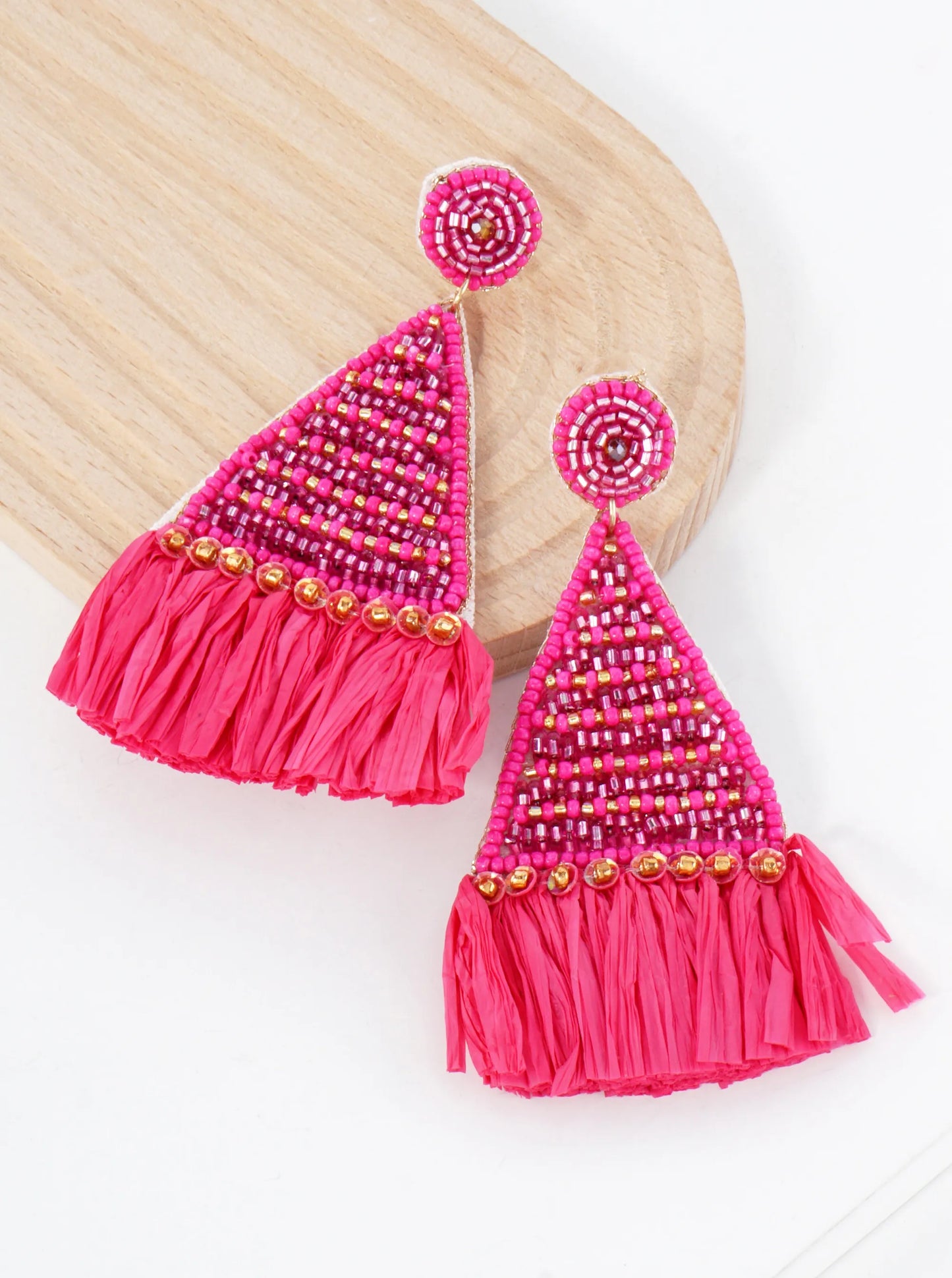 Glass-Beaded Raffia Tassel Triangle Statement Earrings