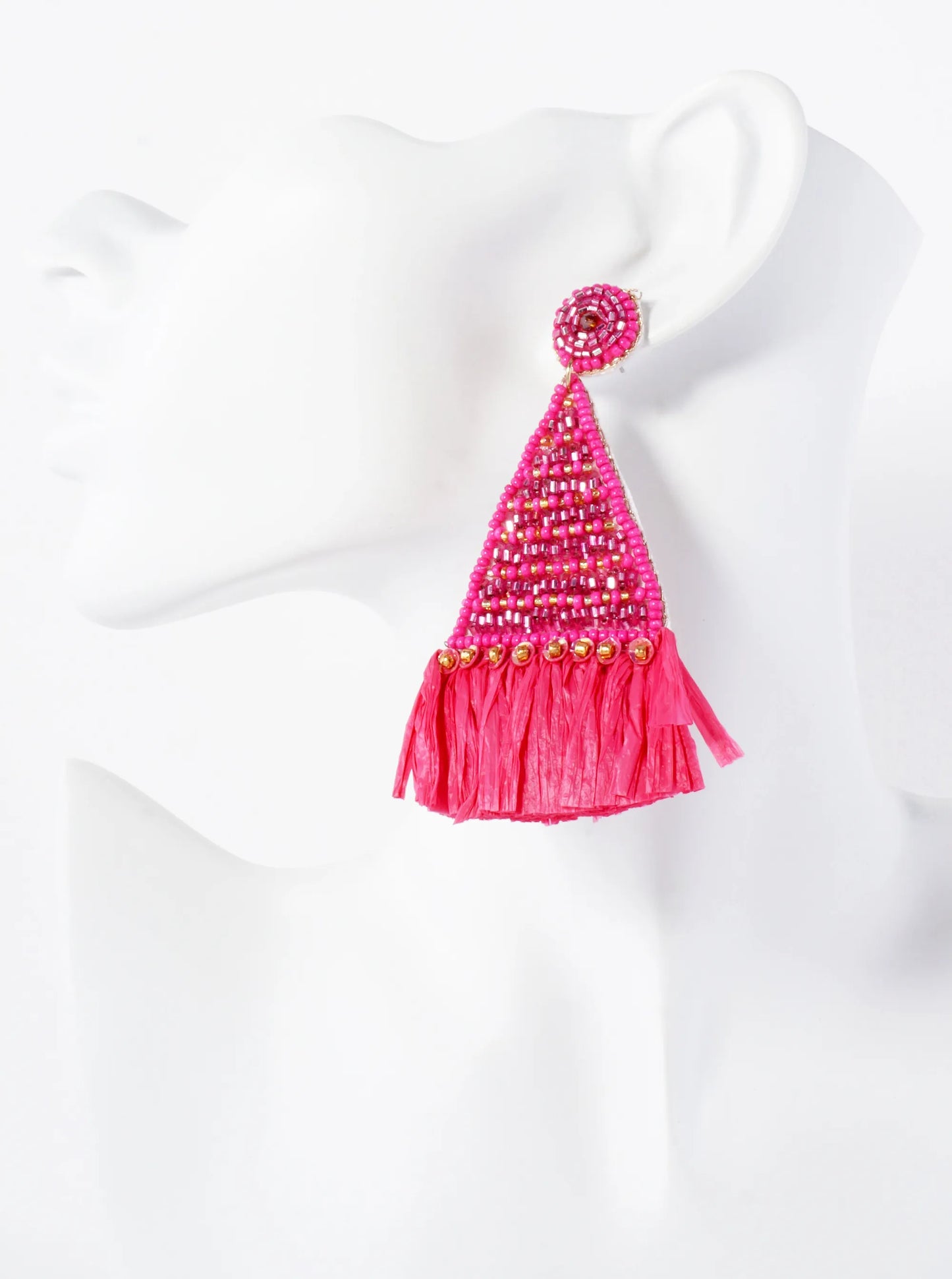 Glass-Beaded Raffia Tassel Triangle Statement Earrings