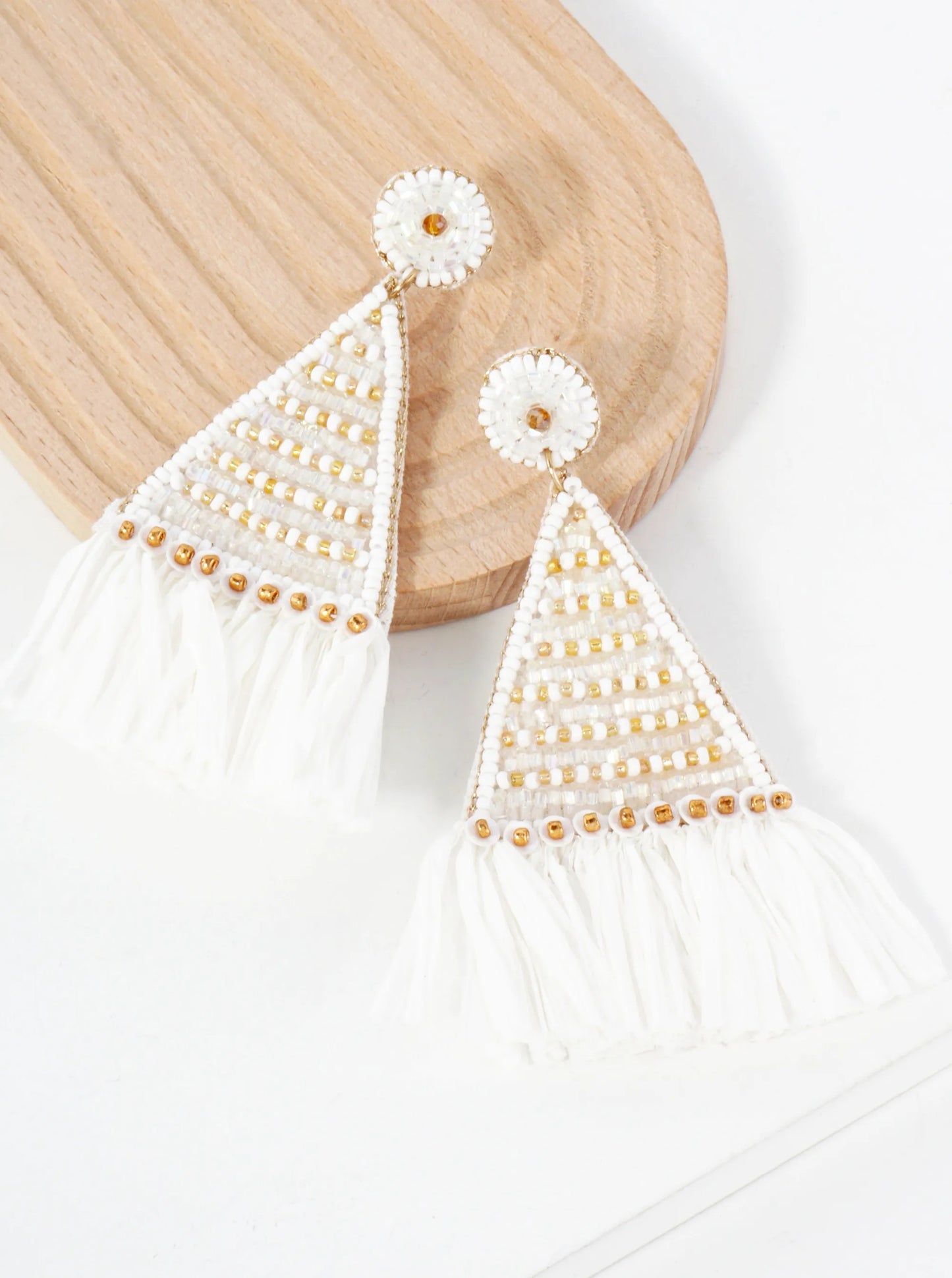 Glass-Beaded Raffia Tassel Triangle Statement Earrings