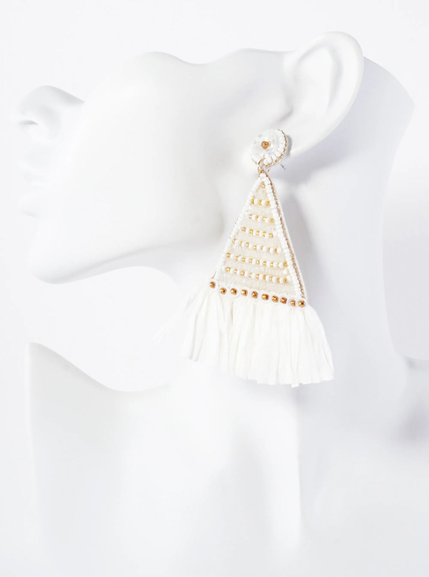 Glass-Beaded Raffia Tassel Triangle Statement Earrings