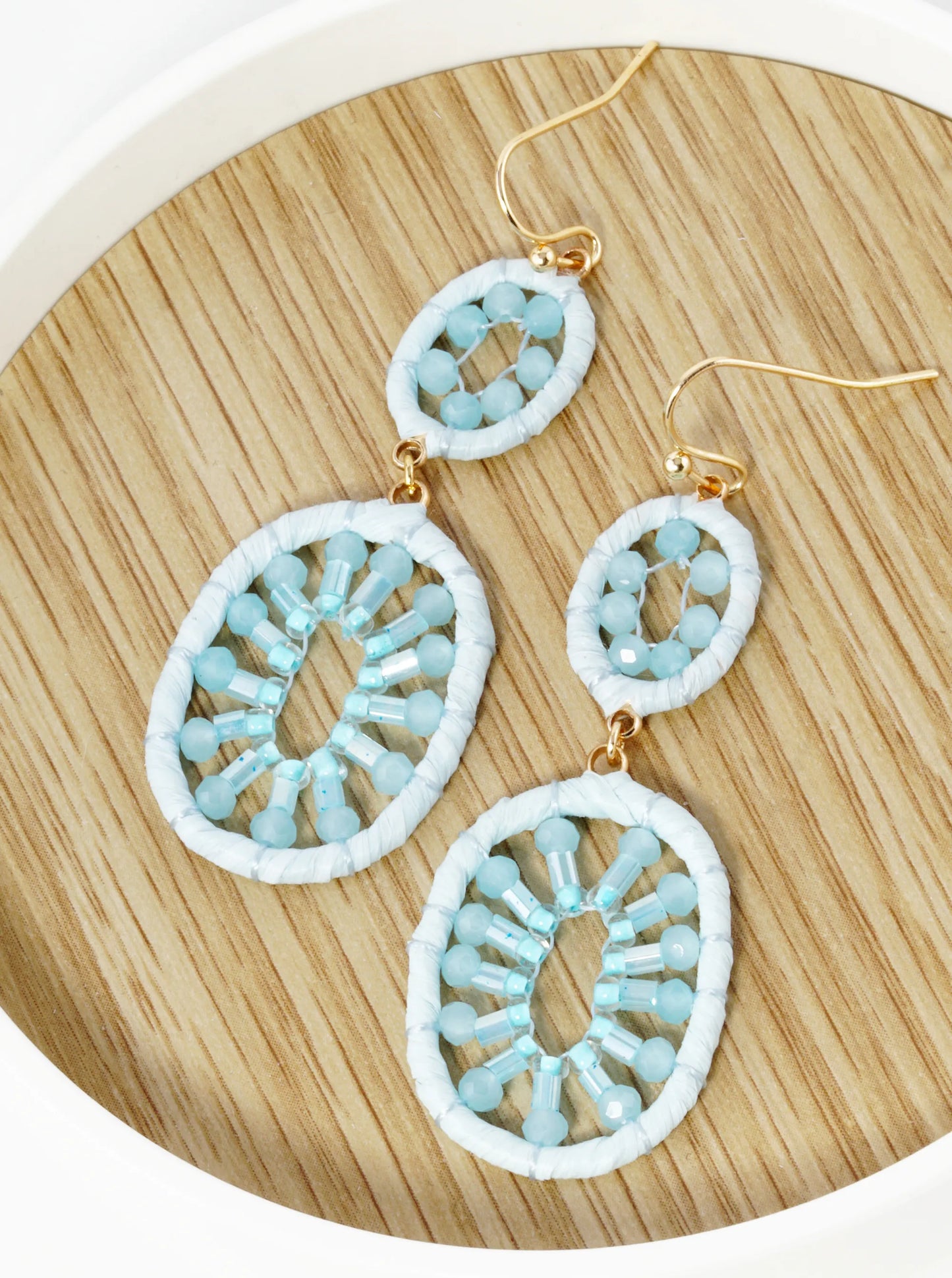 Glass Beaded Raffia Wrapped Double Oval Drop Dangle Earrings