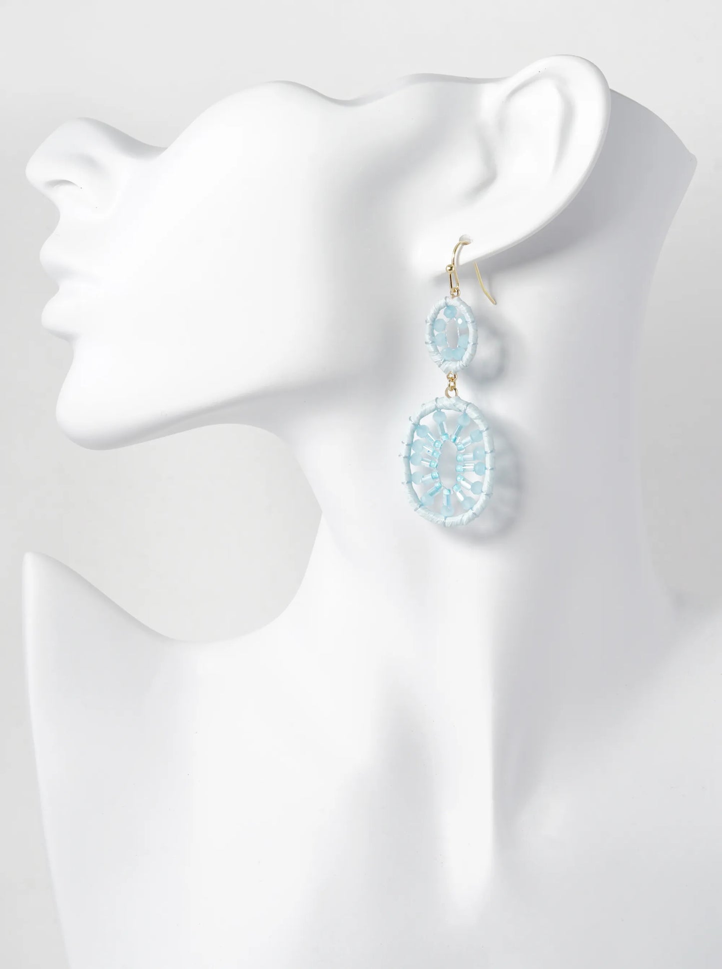 Glass Beaded Raffia Wrapped Double Oval Drop Dangle Earrings