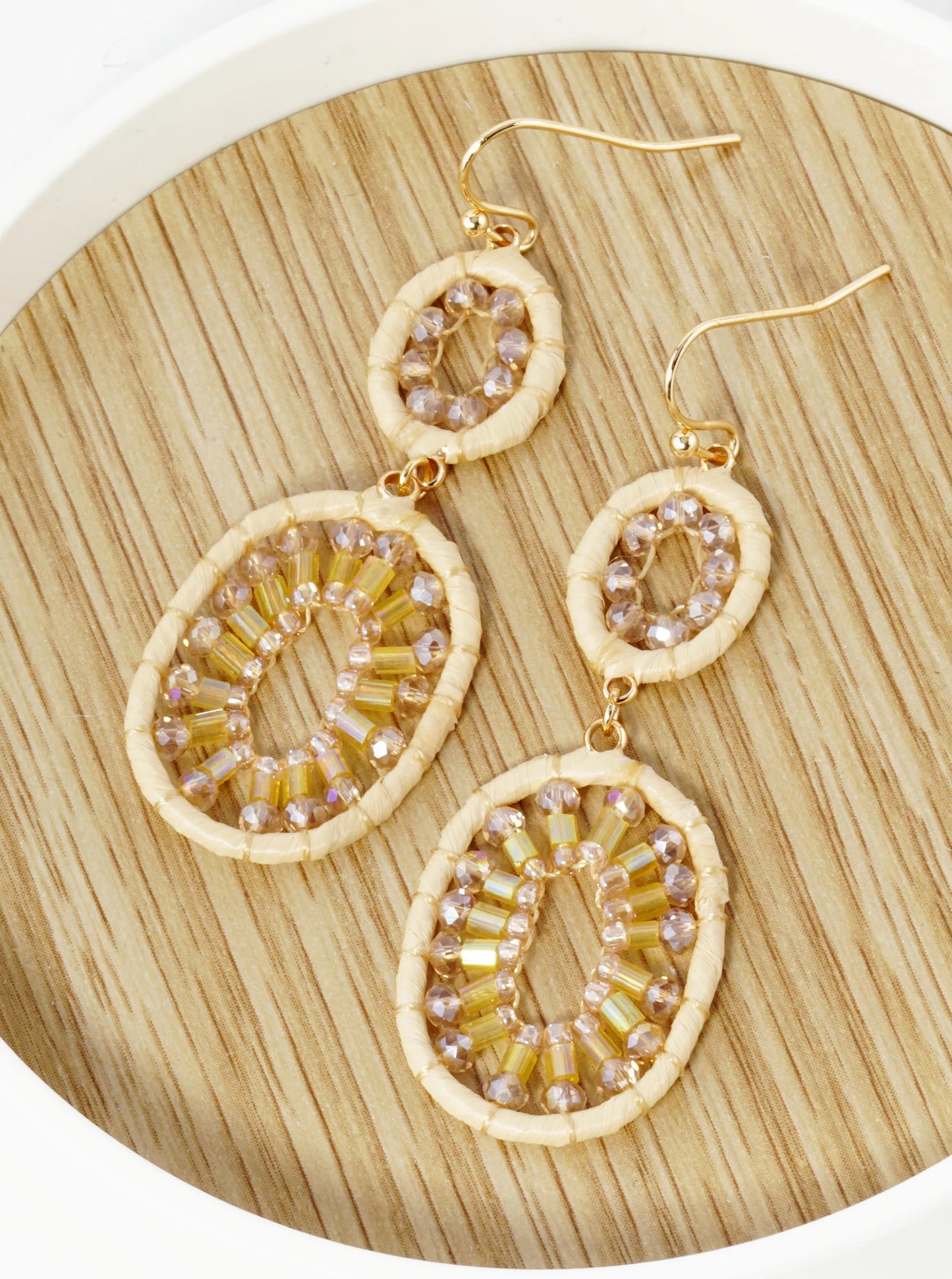 Glass Beaded Raffia Wrapped Double Oval Drop Dangle Earrings