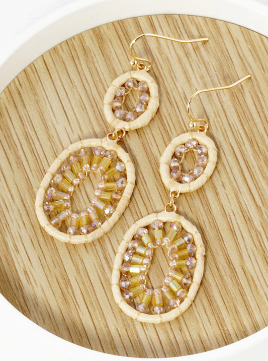 Glass Beaded Raffia Wrapped Double Oval Drop Dangle Earrings