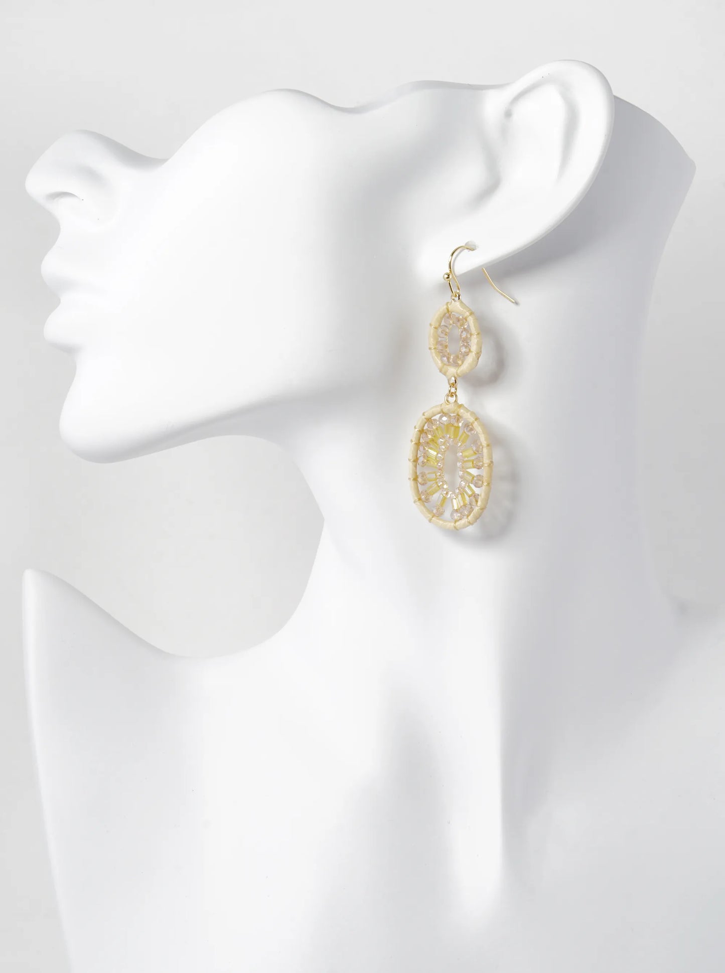 Glass Beaded Raffia Wrapped Double Oval Drop Dangle Earrings