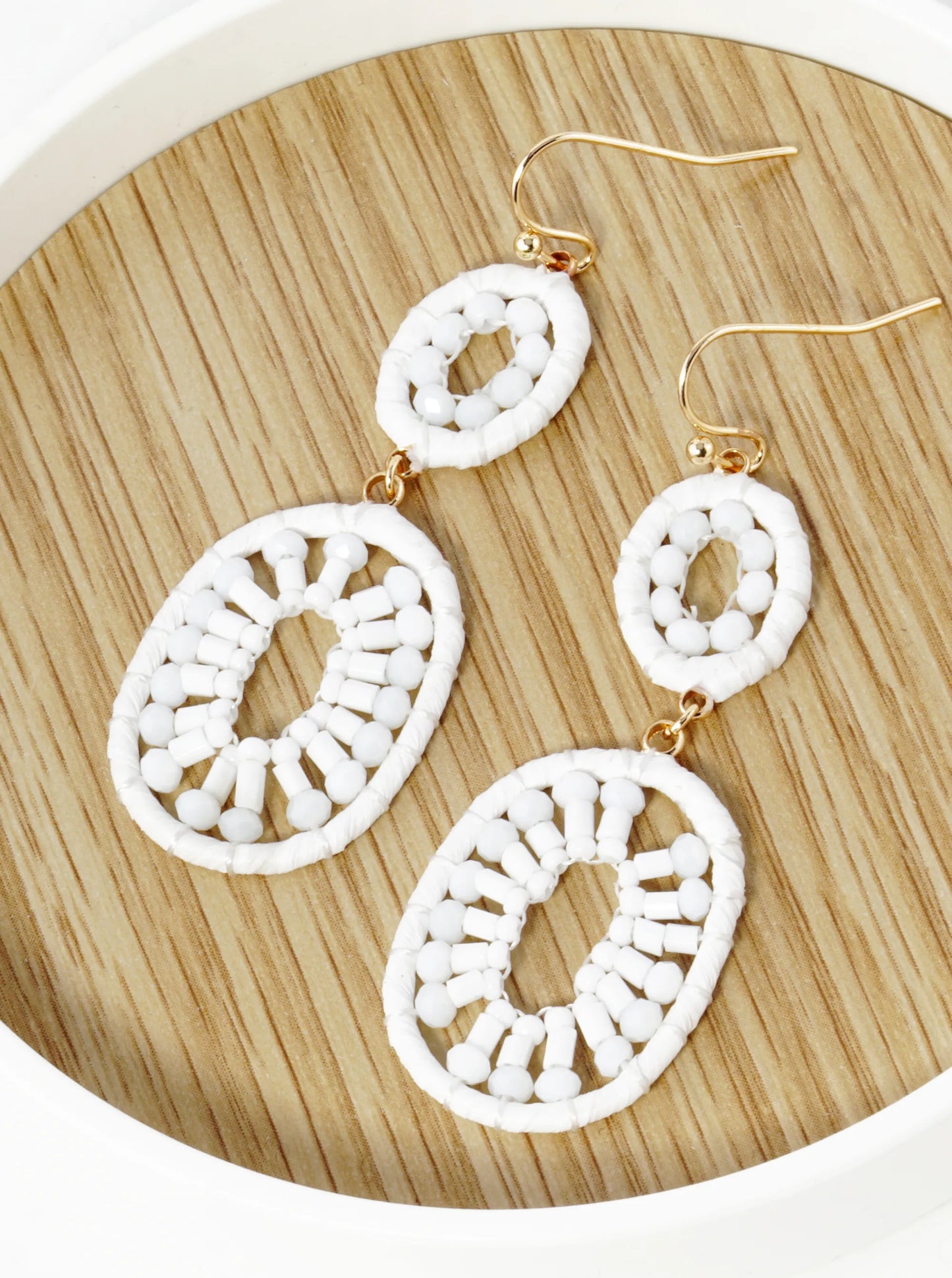 Glass Beaded Raffia Wrapped Double Oval Drop Dangle Earrings