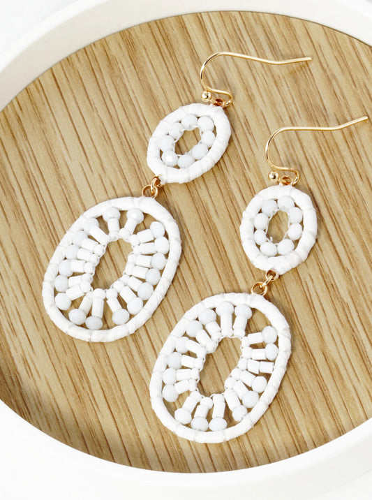 Glass Beaded Raffia Wrapped Double Oval Drop Dangle Earrings