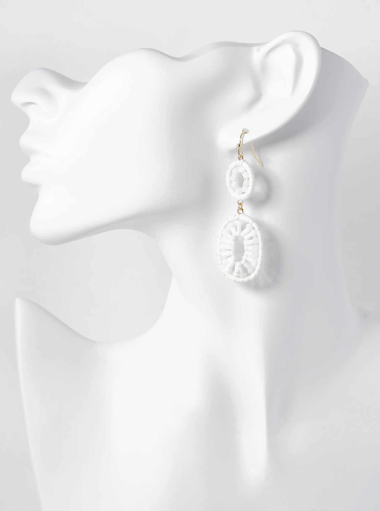 Glass Beaded Raffia Wrapped Double Oval Drop Dangle Earrings