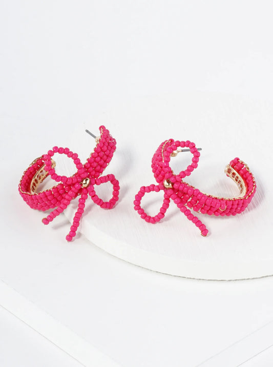 Glass Beaded Ribbon Bow Accent 25mm Open Hoop Earrings