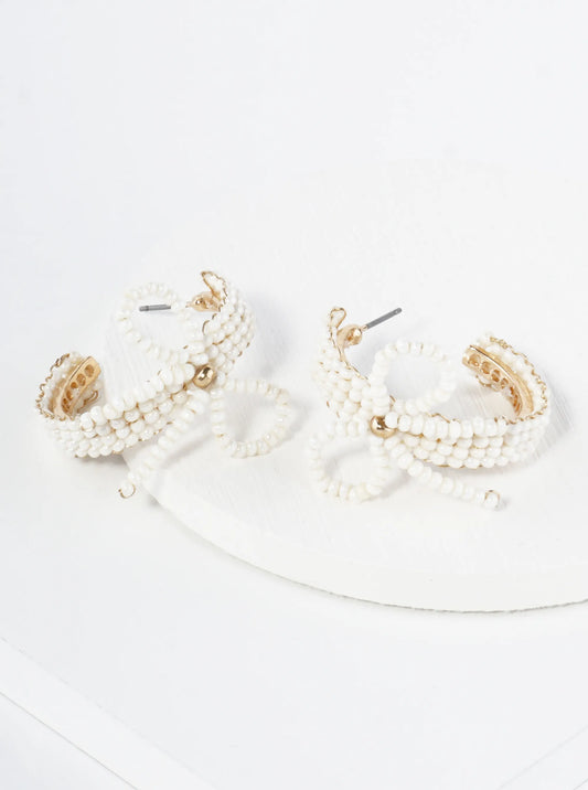 Glass Beaded Ribbon Bow Accent 25mm Open Hoop Earrings