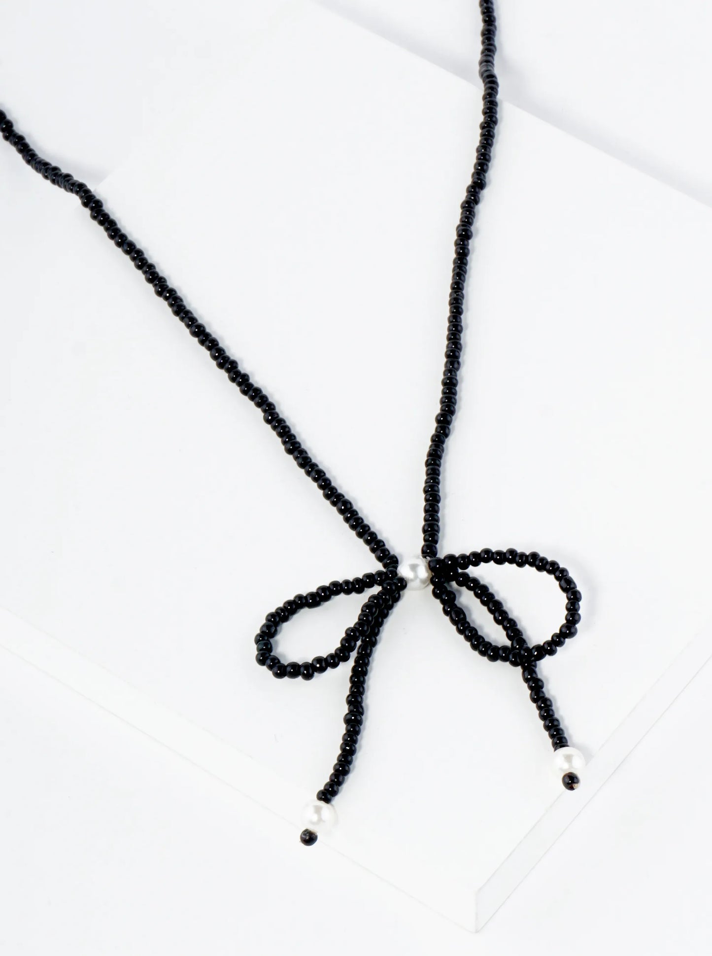 Glass Beaded Ribbon Bow Pendant 16 Inch Necklace