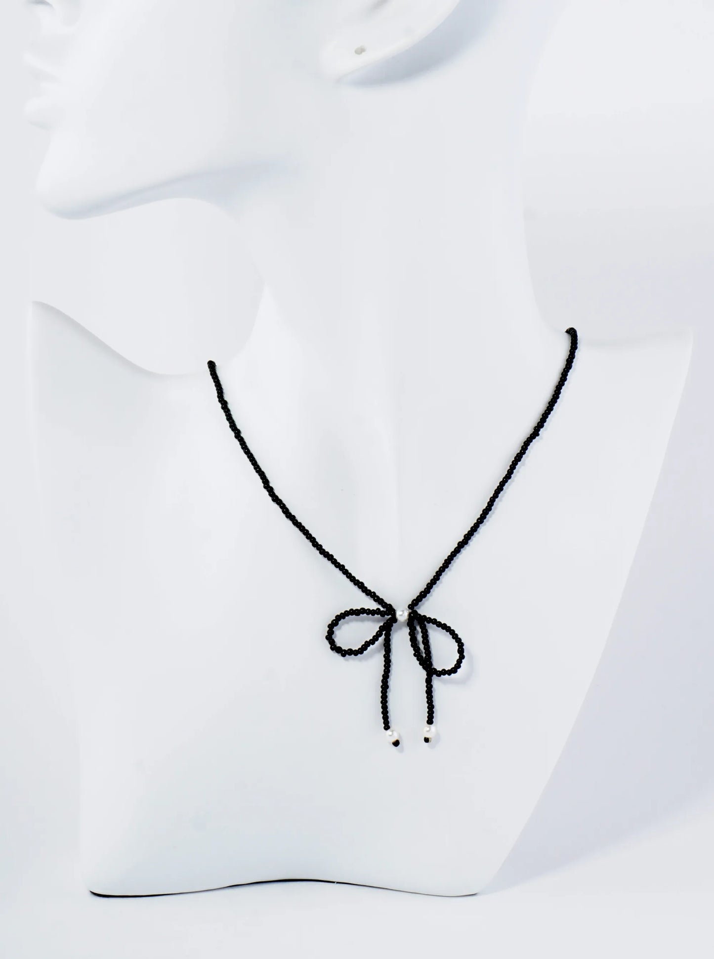 Glass Beaded Ribbon Bow Pendant 16 Inch Necklace