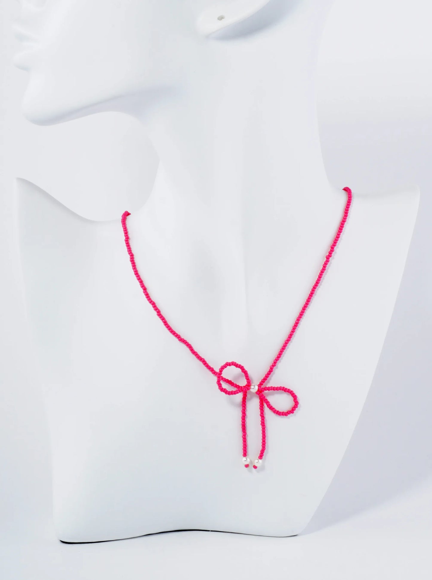 Glass Beaded Ribbon Bow Pendant 16 Inch Necklace