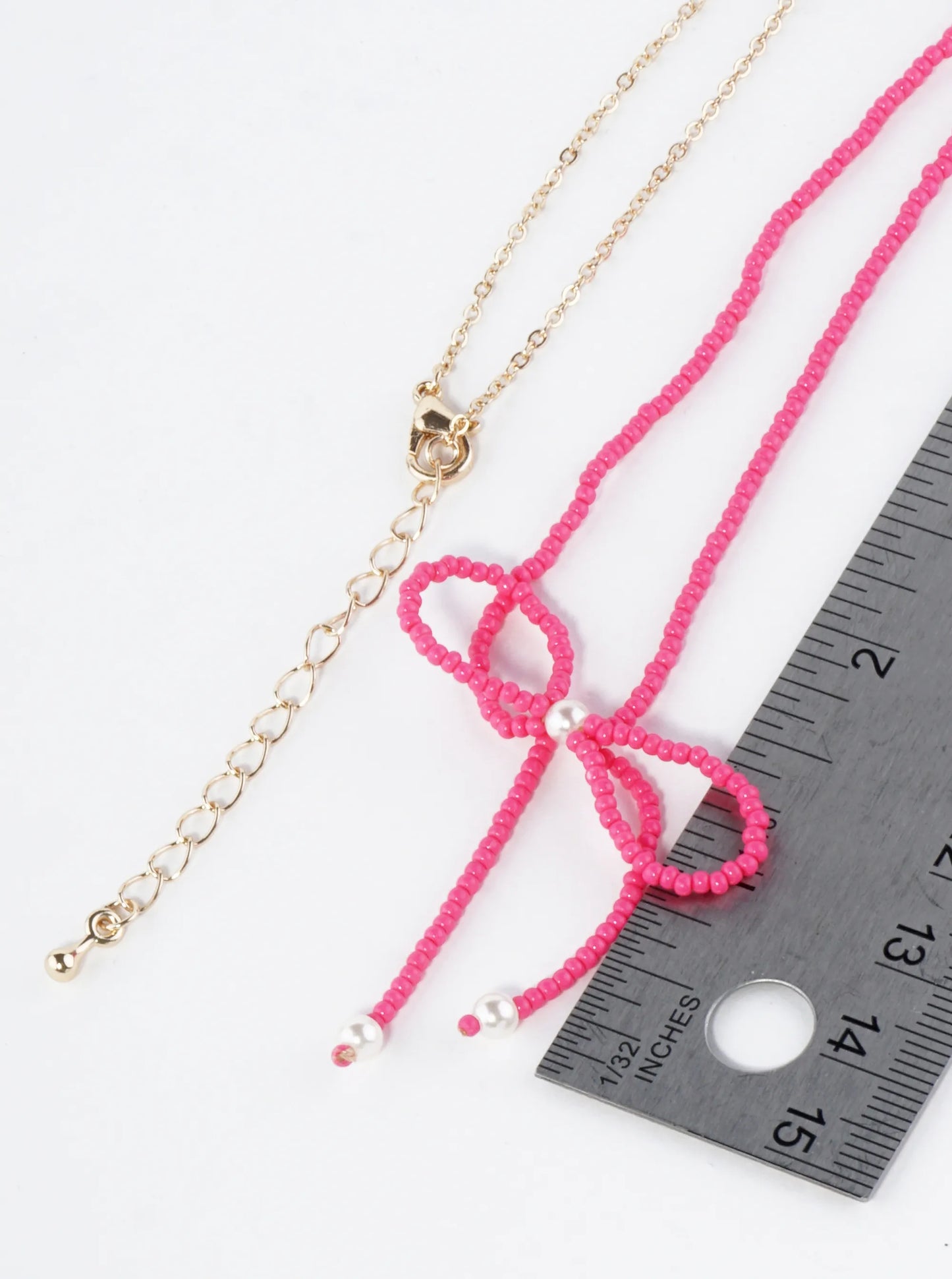 Glass Beaded Ribbon Bow Pendant 16 Inch Necklace