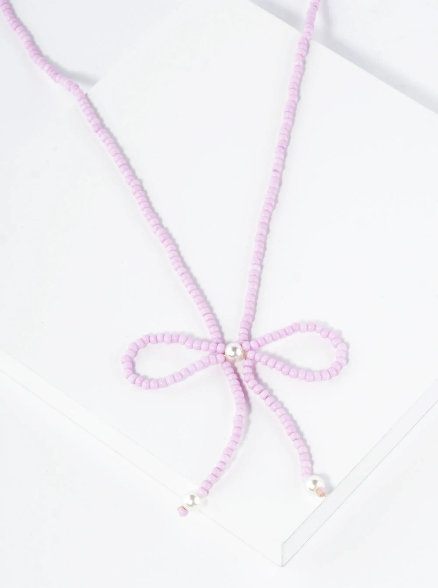 Glass Beaded Ribbon Bow Pendant 16 Inch Necklace