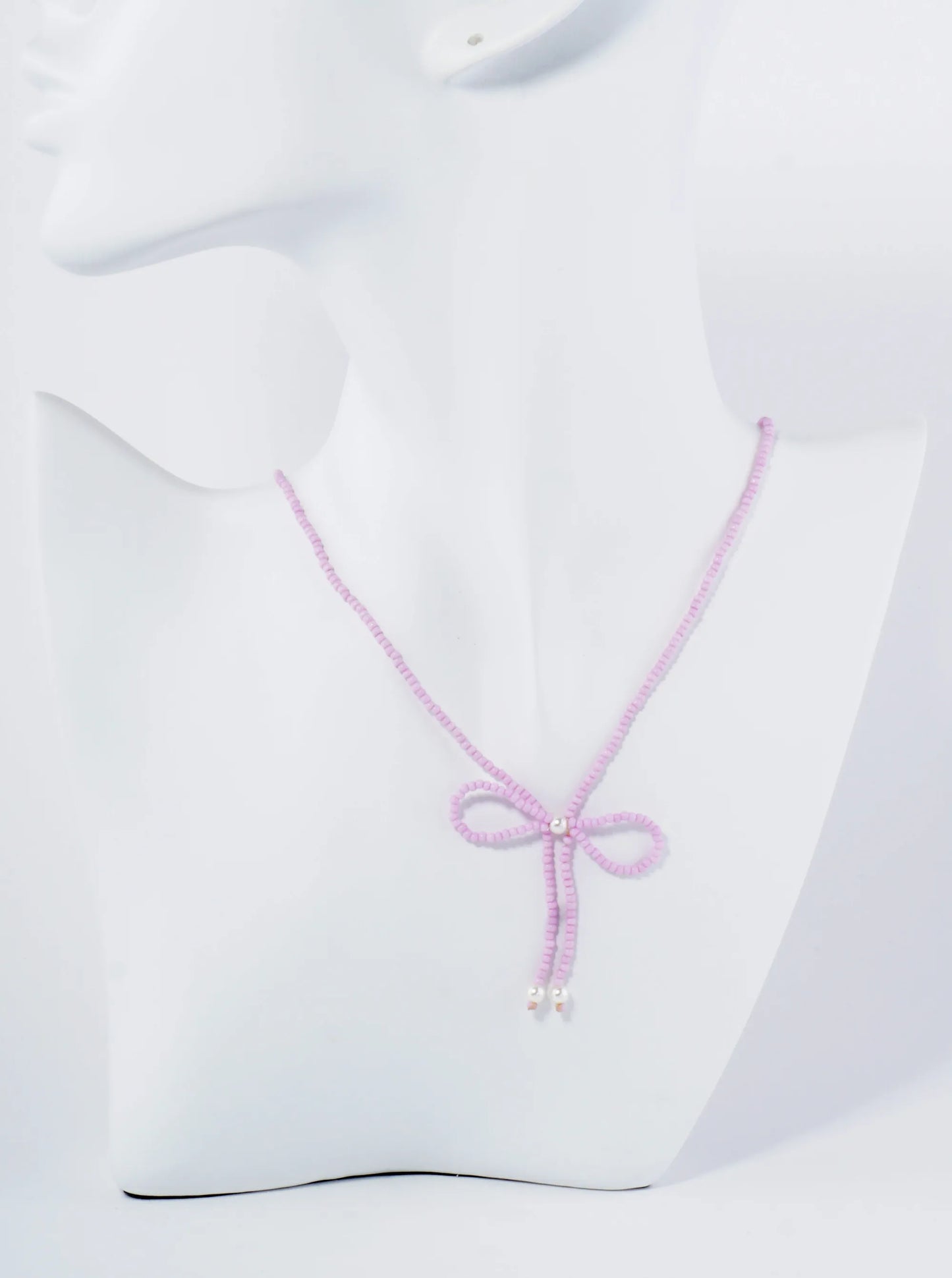 Glass Beaded Ribbon Bow Pendant 16 Inch Necklace