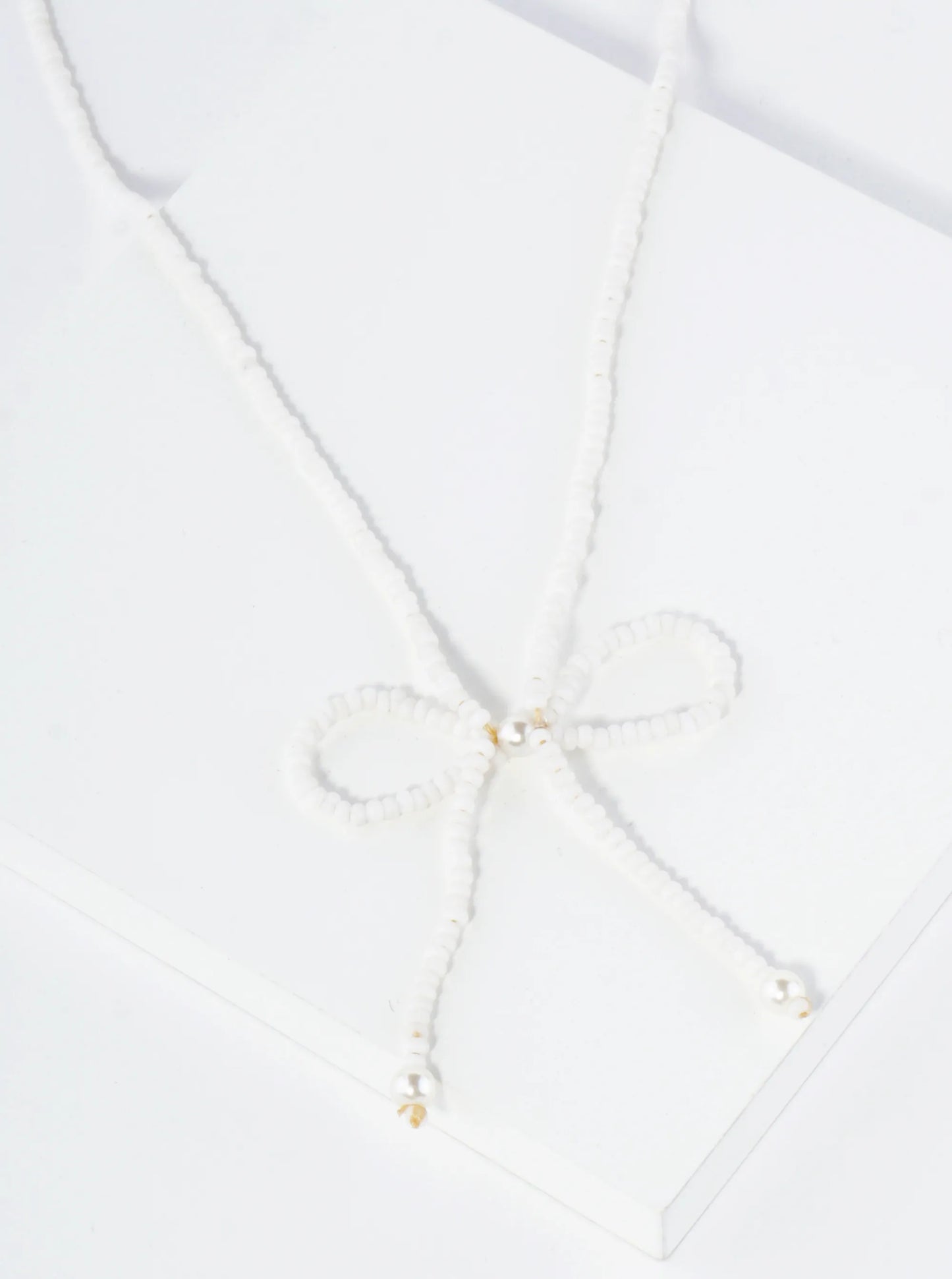 Glass Beaded Ribbon Bow Pendant 16 Inch Necklace