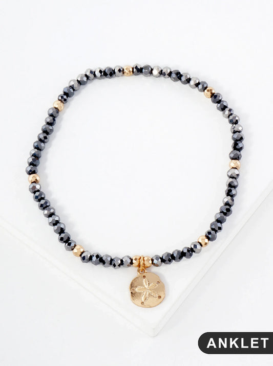 Glass-Beaded Sand-Dollar Charm Stretch Anklet