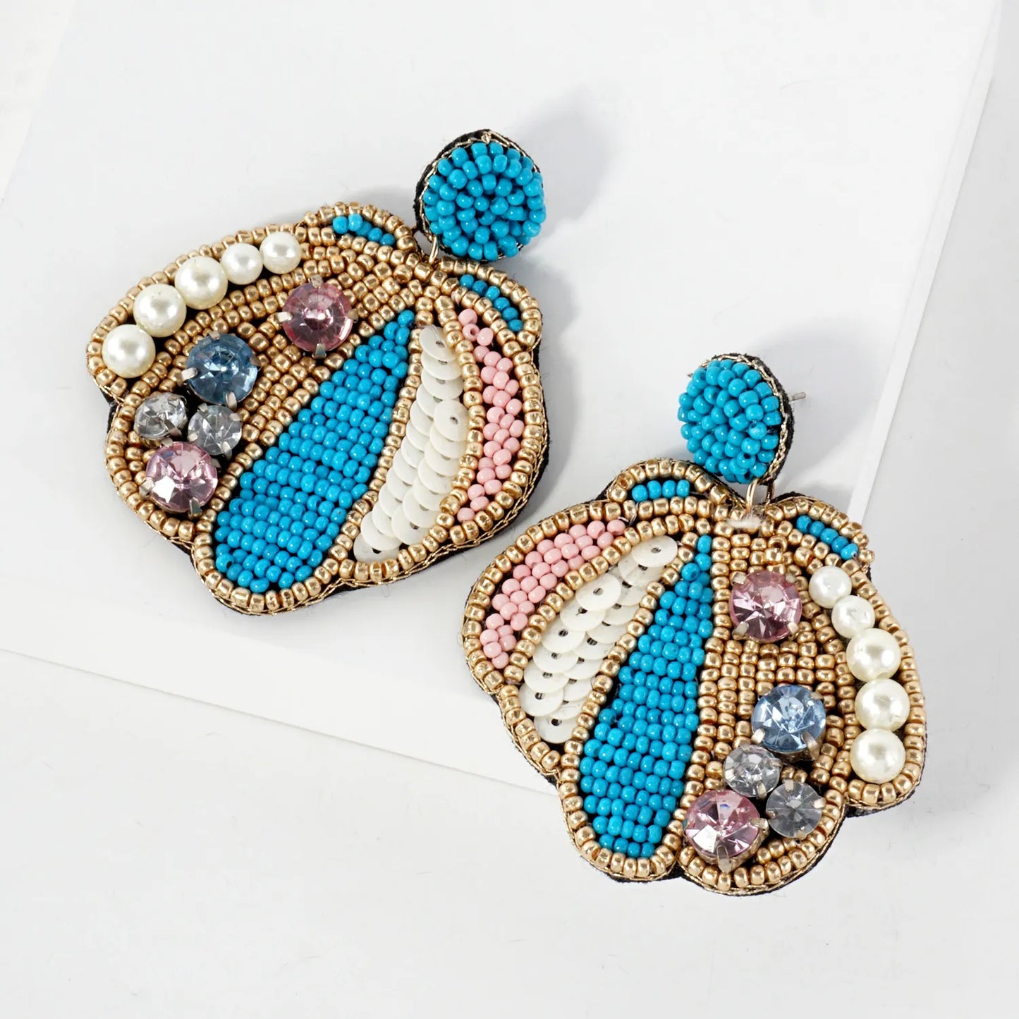 Glass Beaded Seashell Drop Sea-Life Statement Earrings