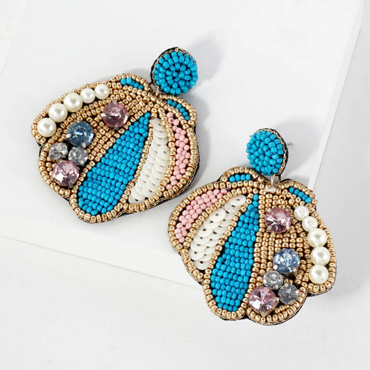 Glass Beaded Seashell Drop Sea-Life Statement Earrings