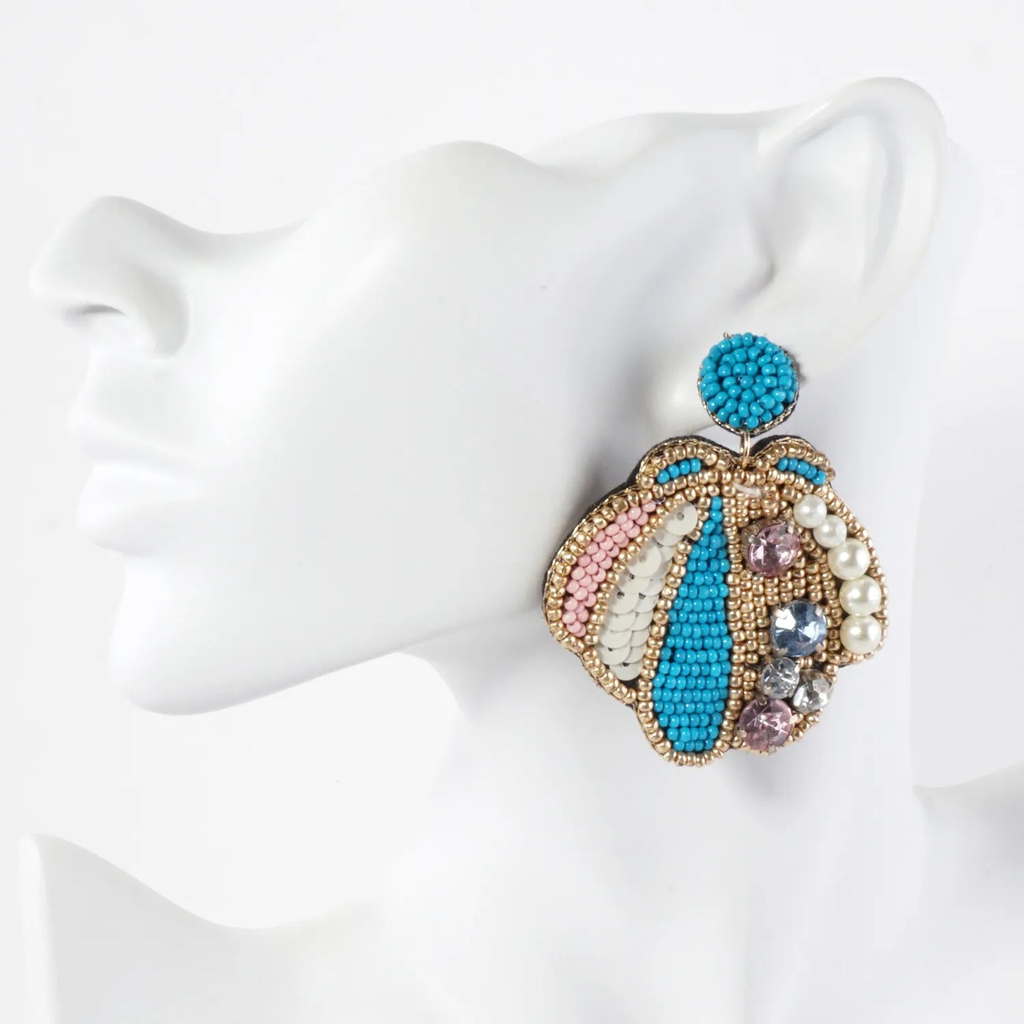 Glass Beaded Seashell Drop Sea-Life Statement Earrings