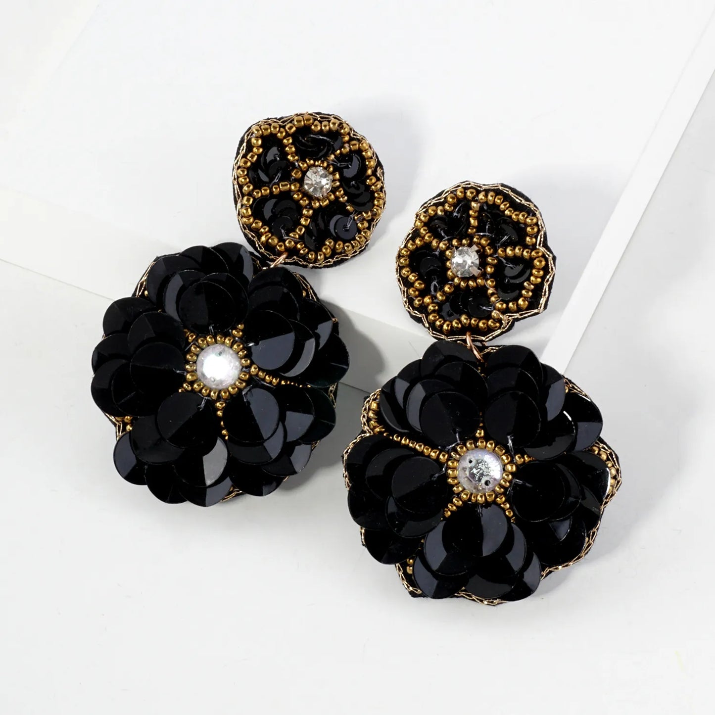 Glass Beaded Sequin Double Flower Drop Statement Earrings