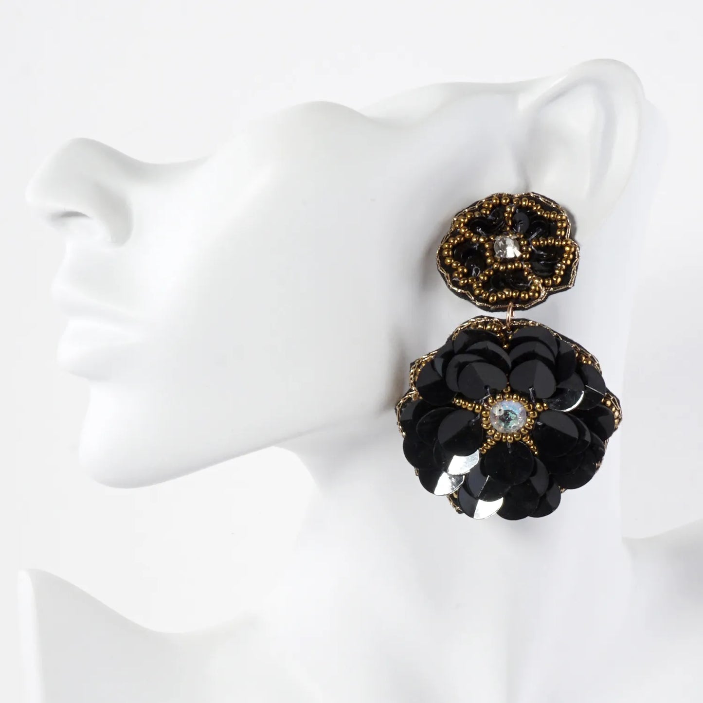 Glass Beaded Sequin Double Flower Drop Statement Earrings