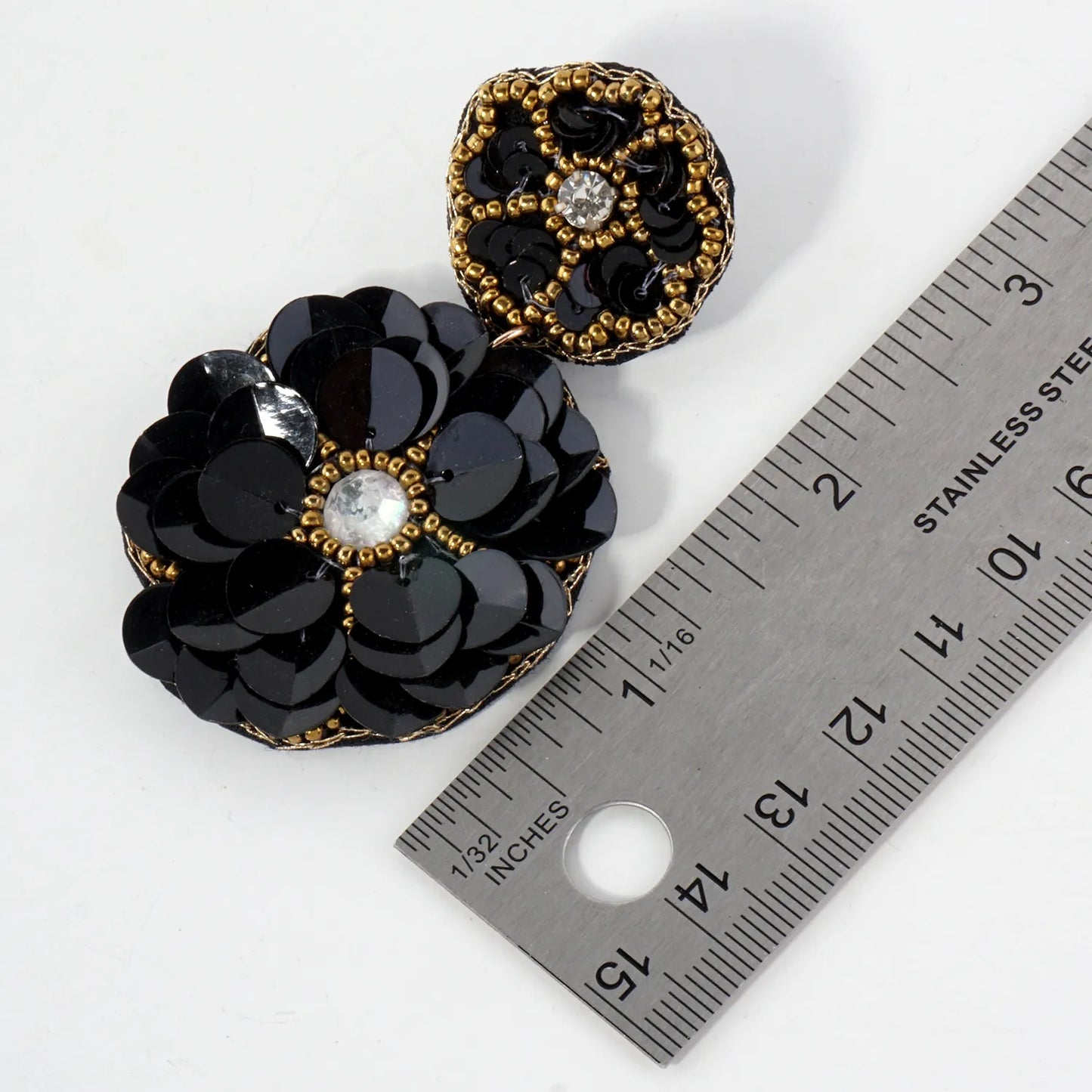Glass Beaded Sequin Double Flower Drop Statement Earrings