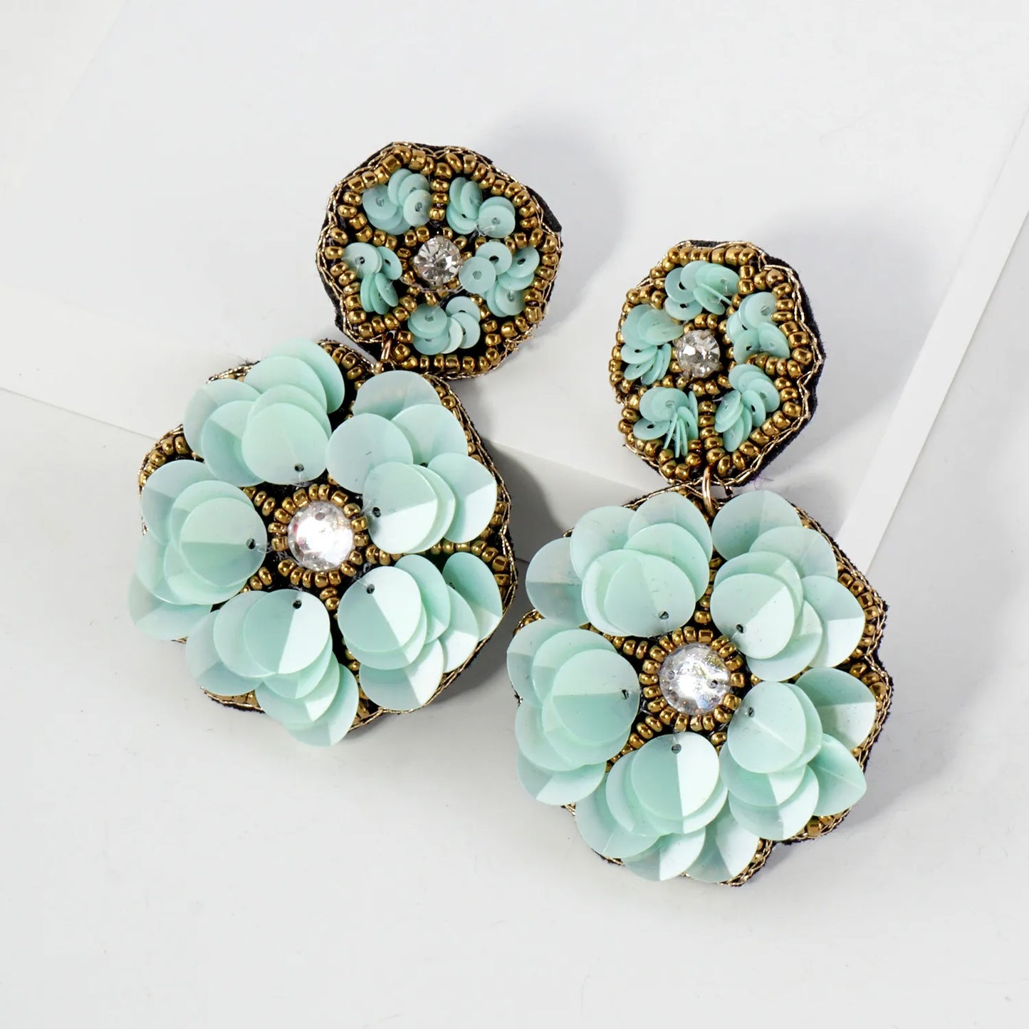 Glass Beaded Sequin Double Flower Drop Statement Earrings