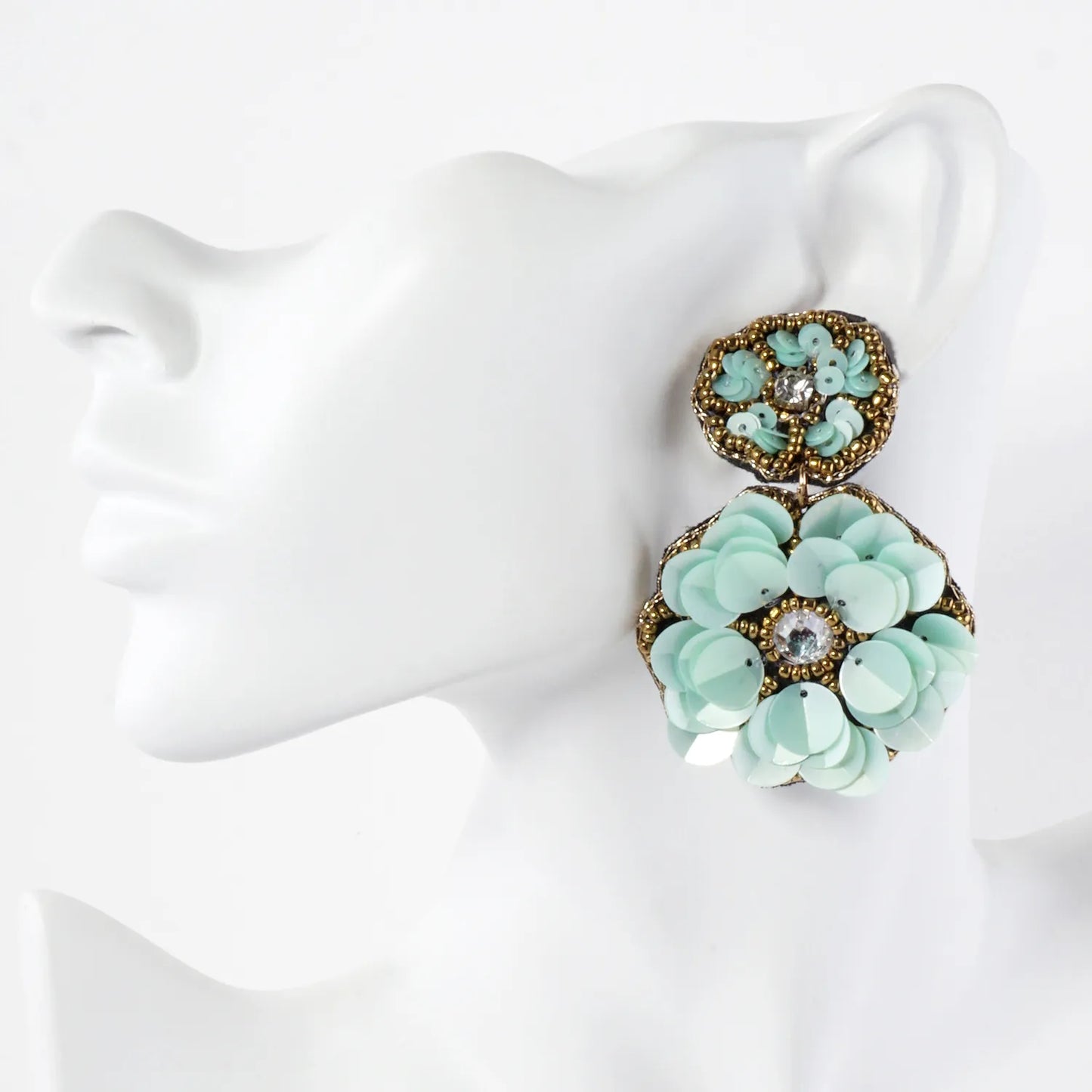 Glass Beaded Sequin Double Flower Drop Statement Earrings