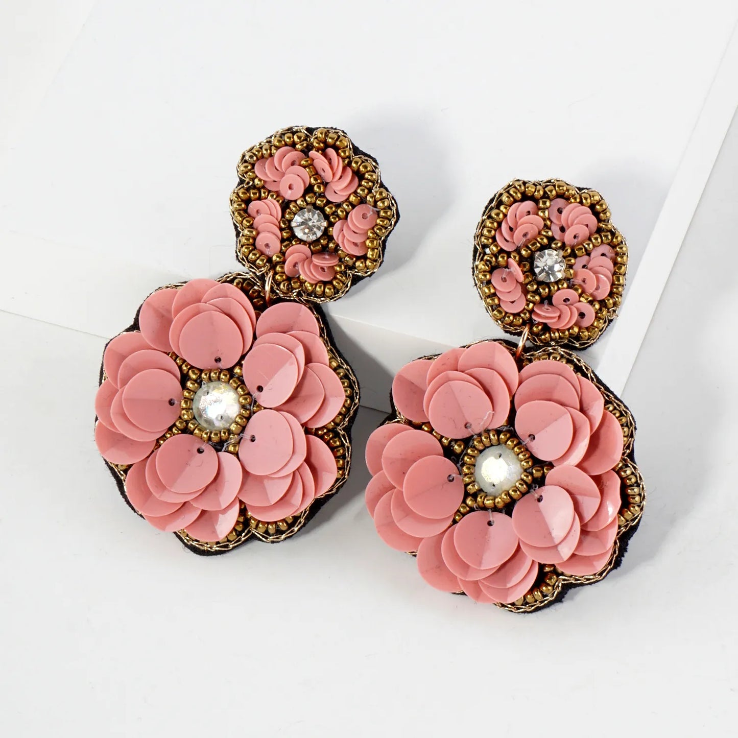 Glass Beaded Sequin Double Flower Drop Statement Earrings