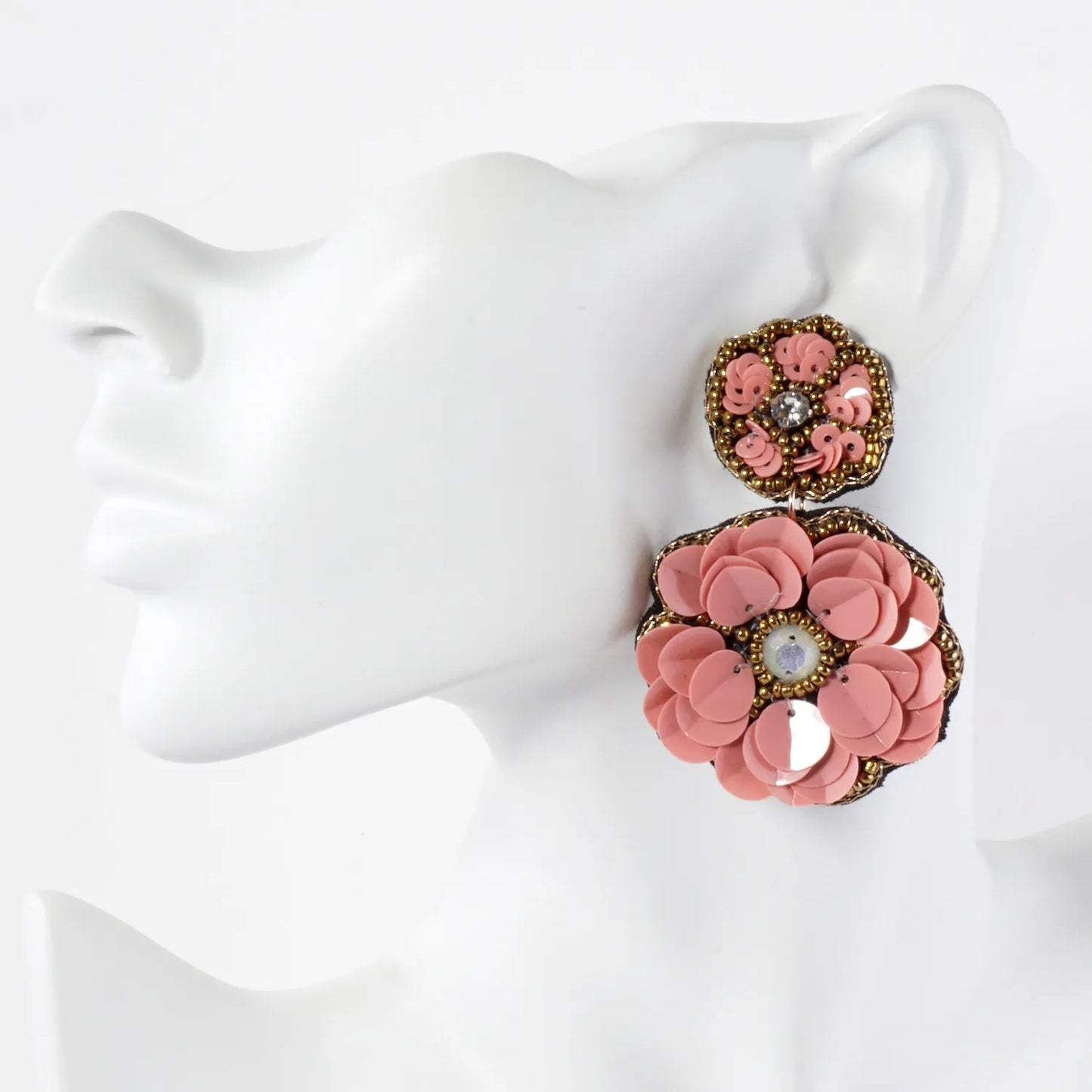 Glass Beaded Sequin Double Flower Drop Statement Earrings