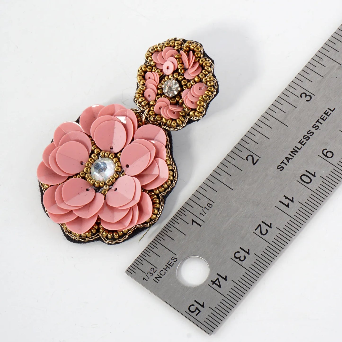 Glass Beaded Sequin Double Flower Drop Statement Earrings