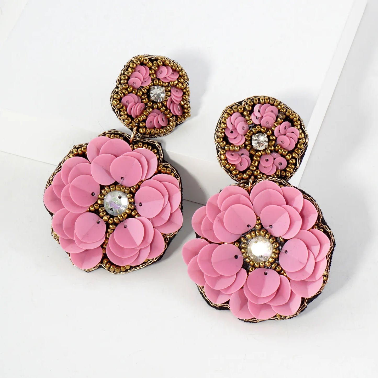 Glass Beaded Sequin Double Flower Drop Statement Earrings