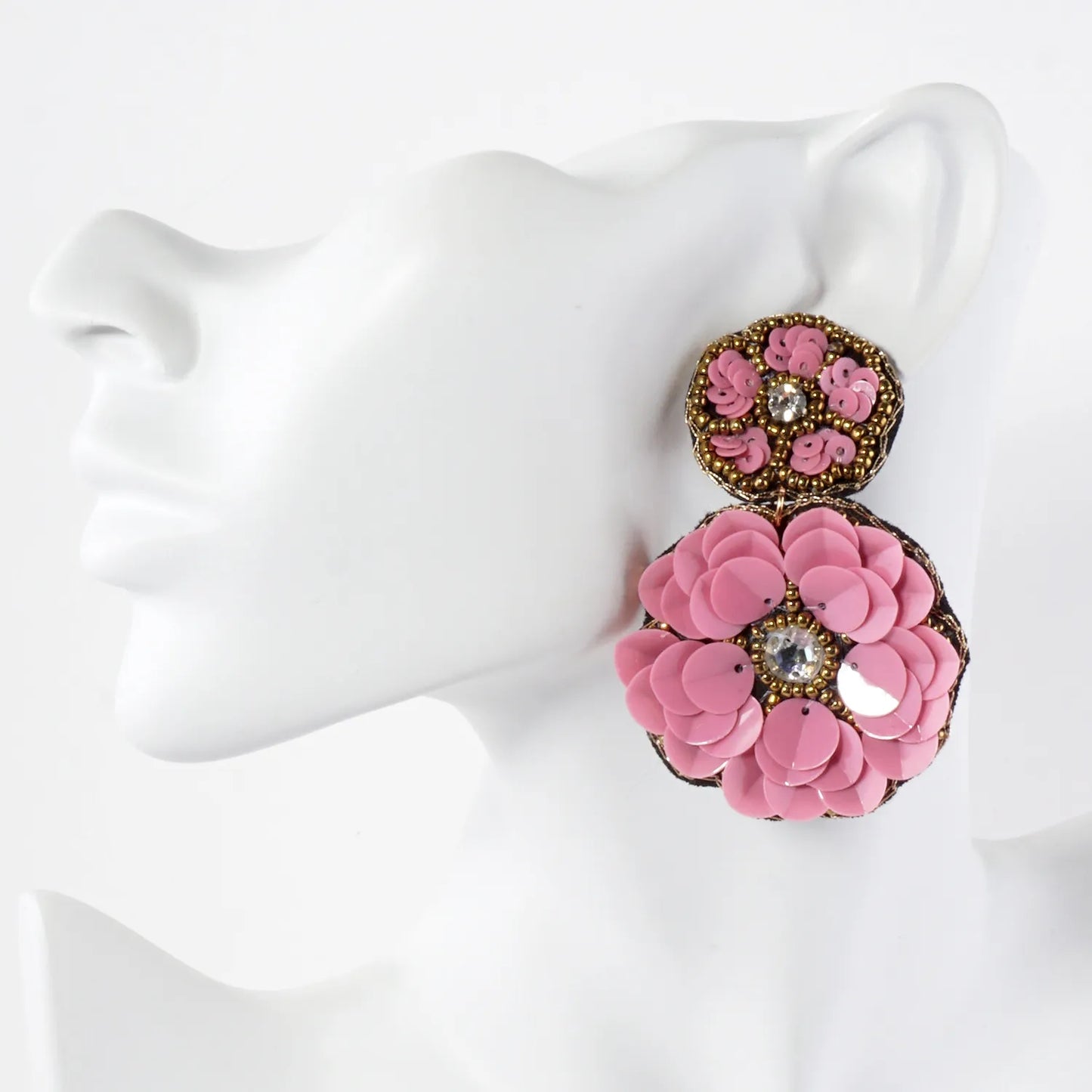 Glass Beaded Sequin Double Flower Drop Statement Earrings