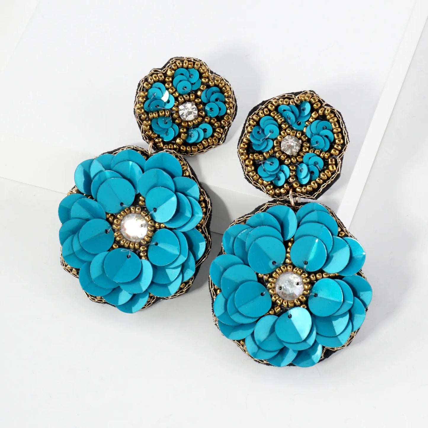 Glass Beaded Sequin Double Flower Drop Statement Earrings