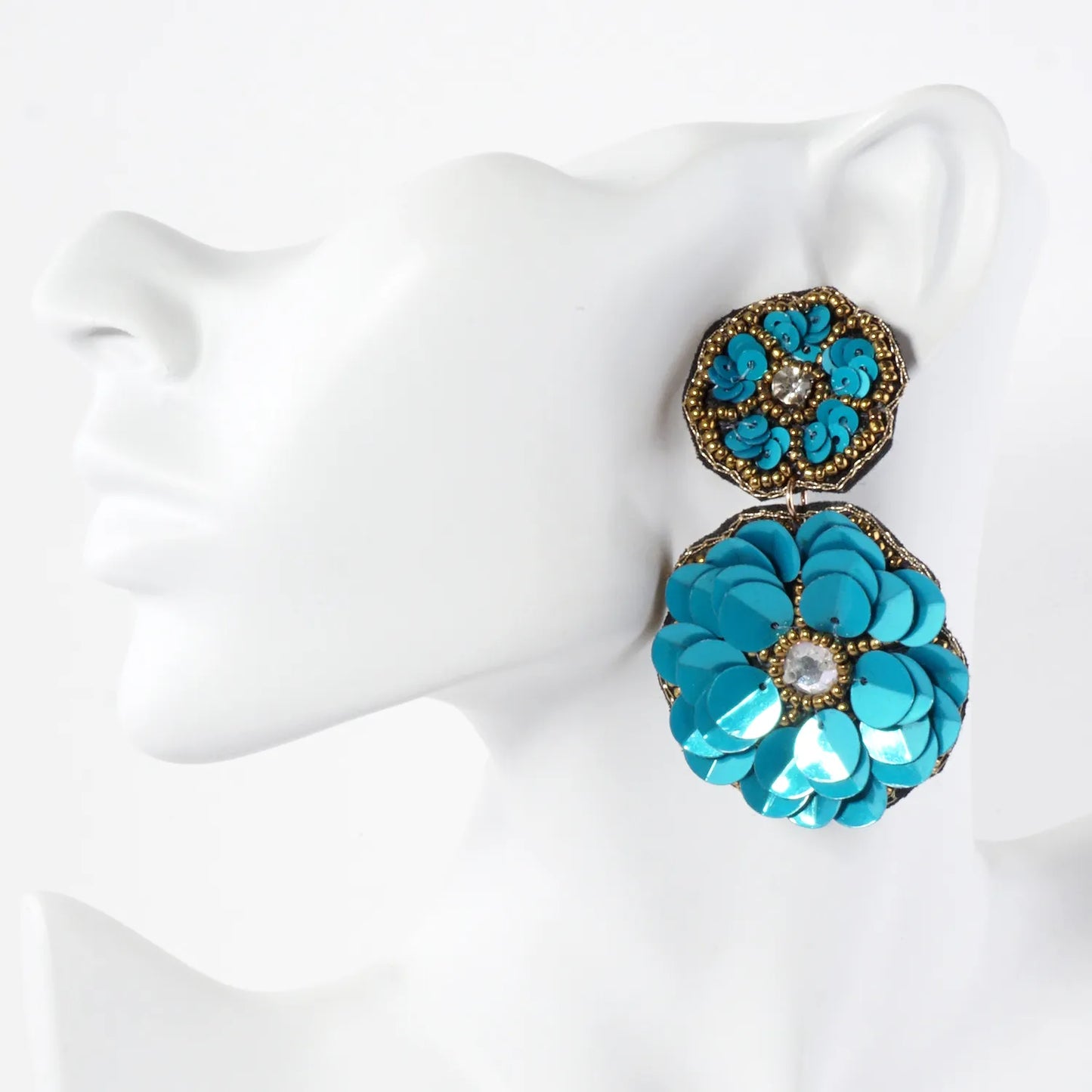 Glass Beaded Sequin Double Flower Drop Statement Earrings