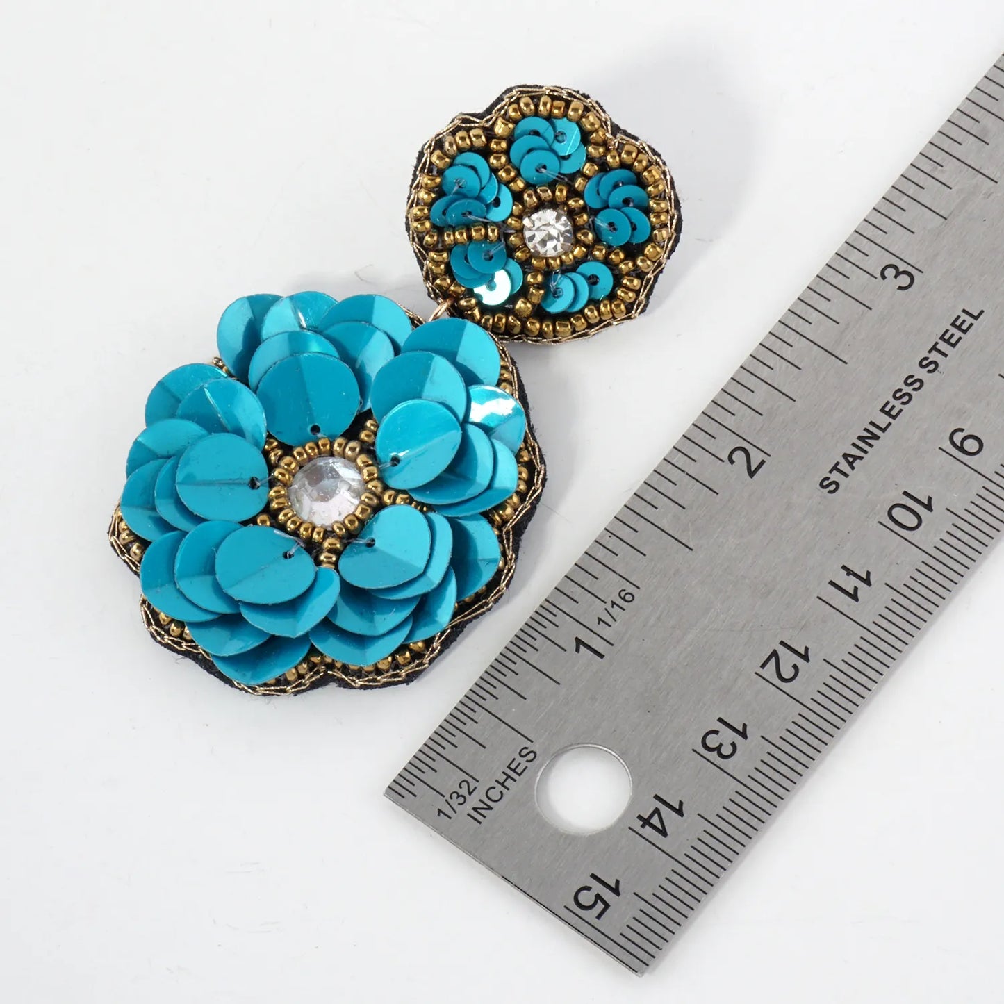 Glass Beaded Sequin Double Flower Drop Statement Earrings